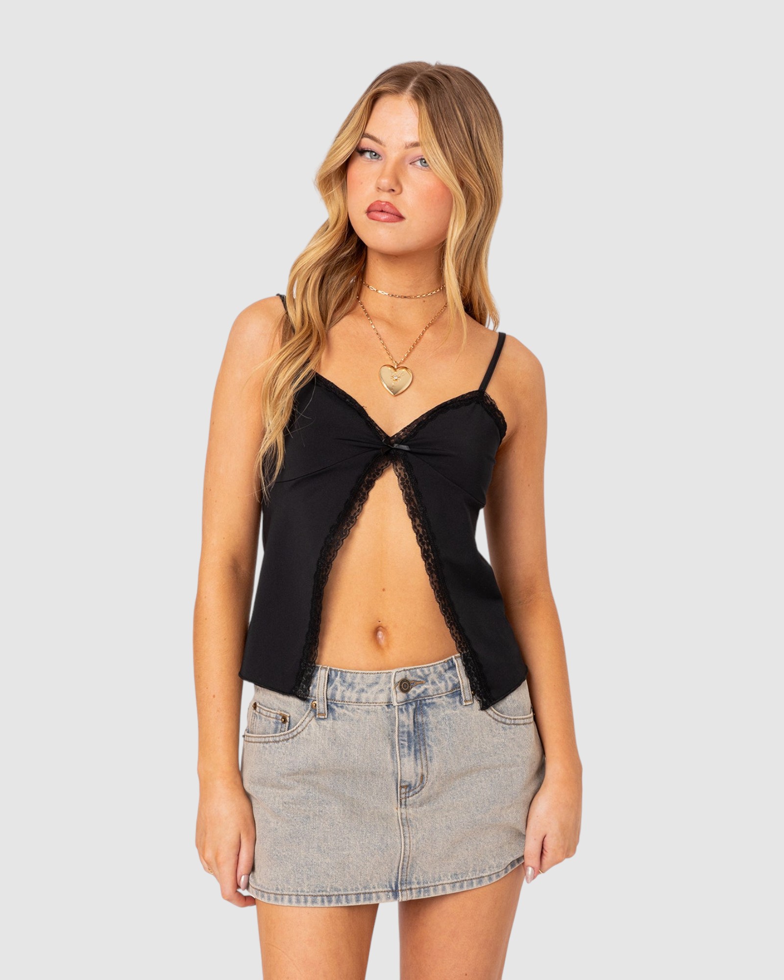 Lace Trim Split Front Top