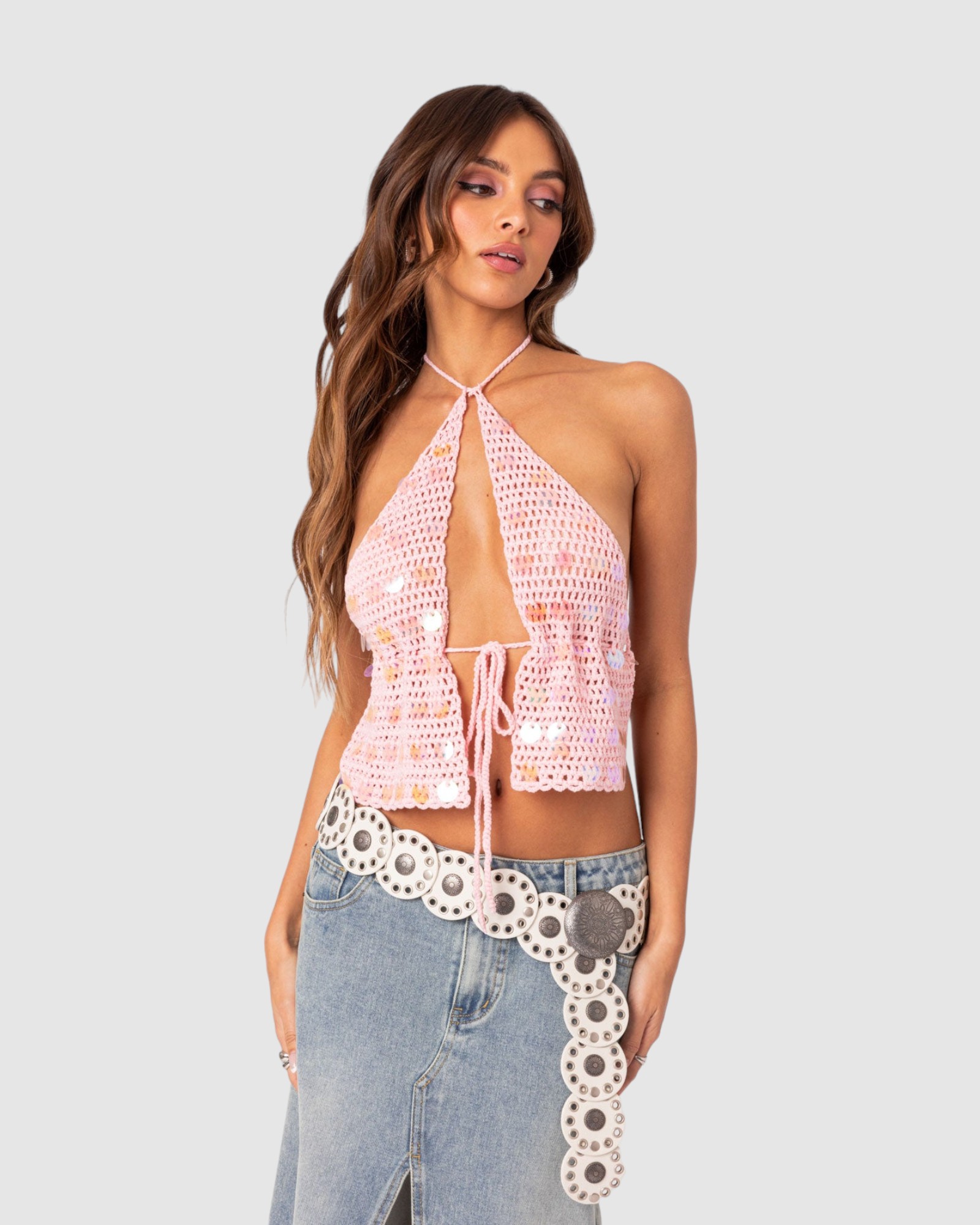 Sequin Crochet Open Back Top