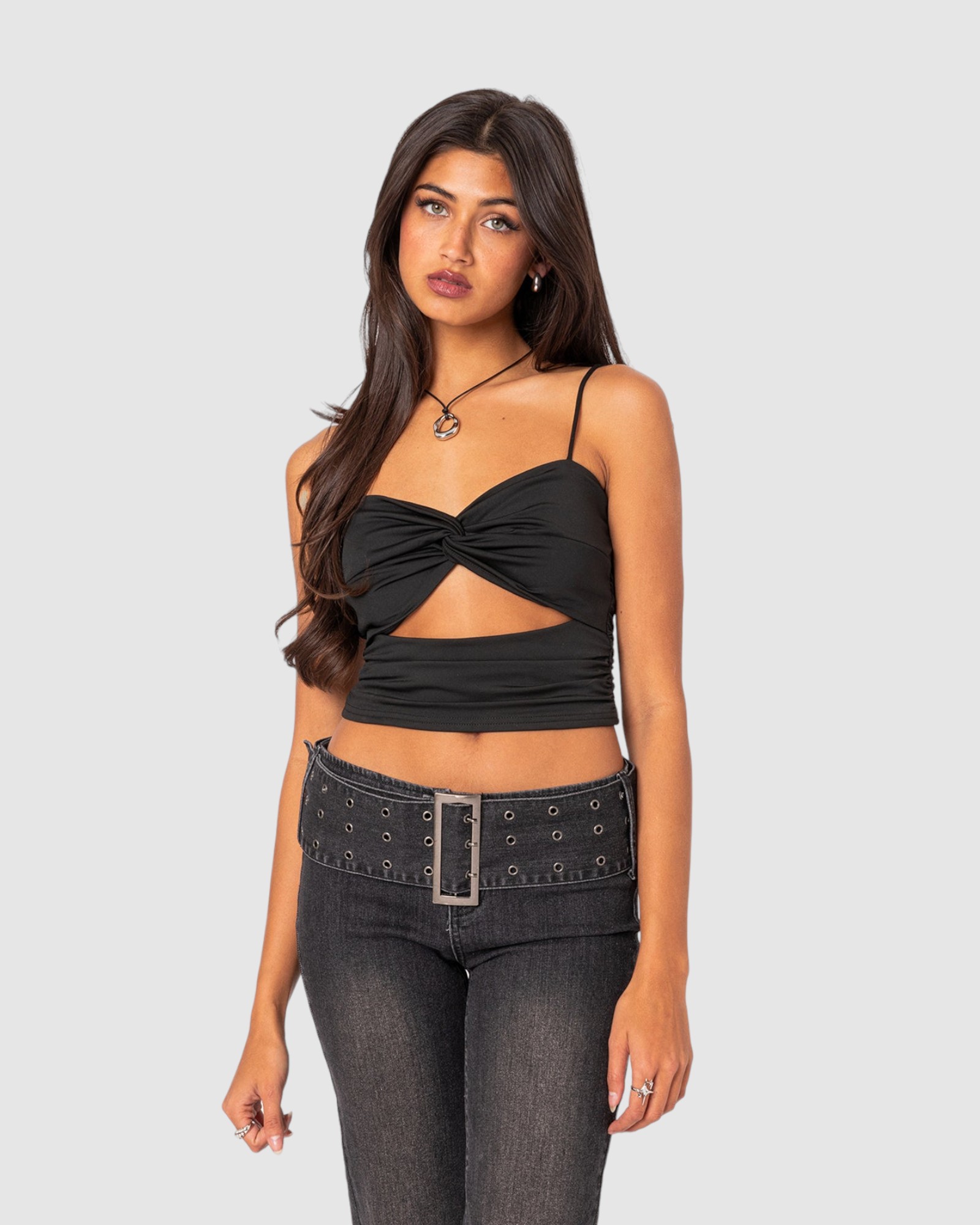 Twist Front Gathered Cut Out Tank Top