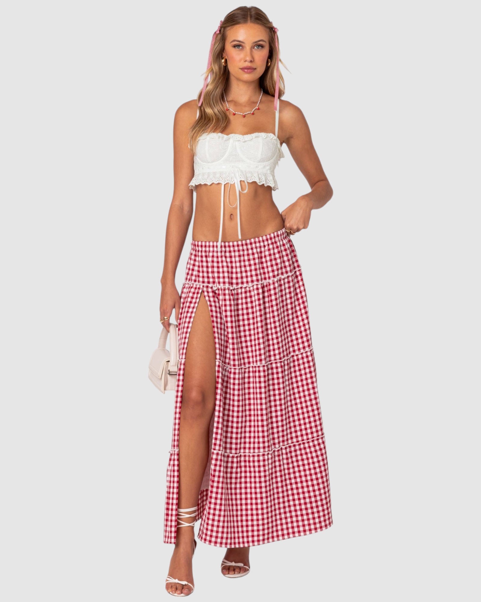 Gingham Side Slit Tiered Maxi Skirt