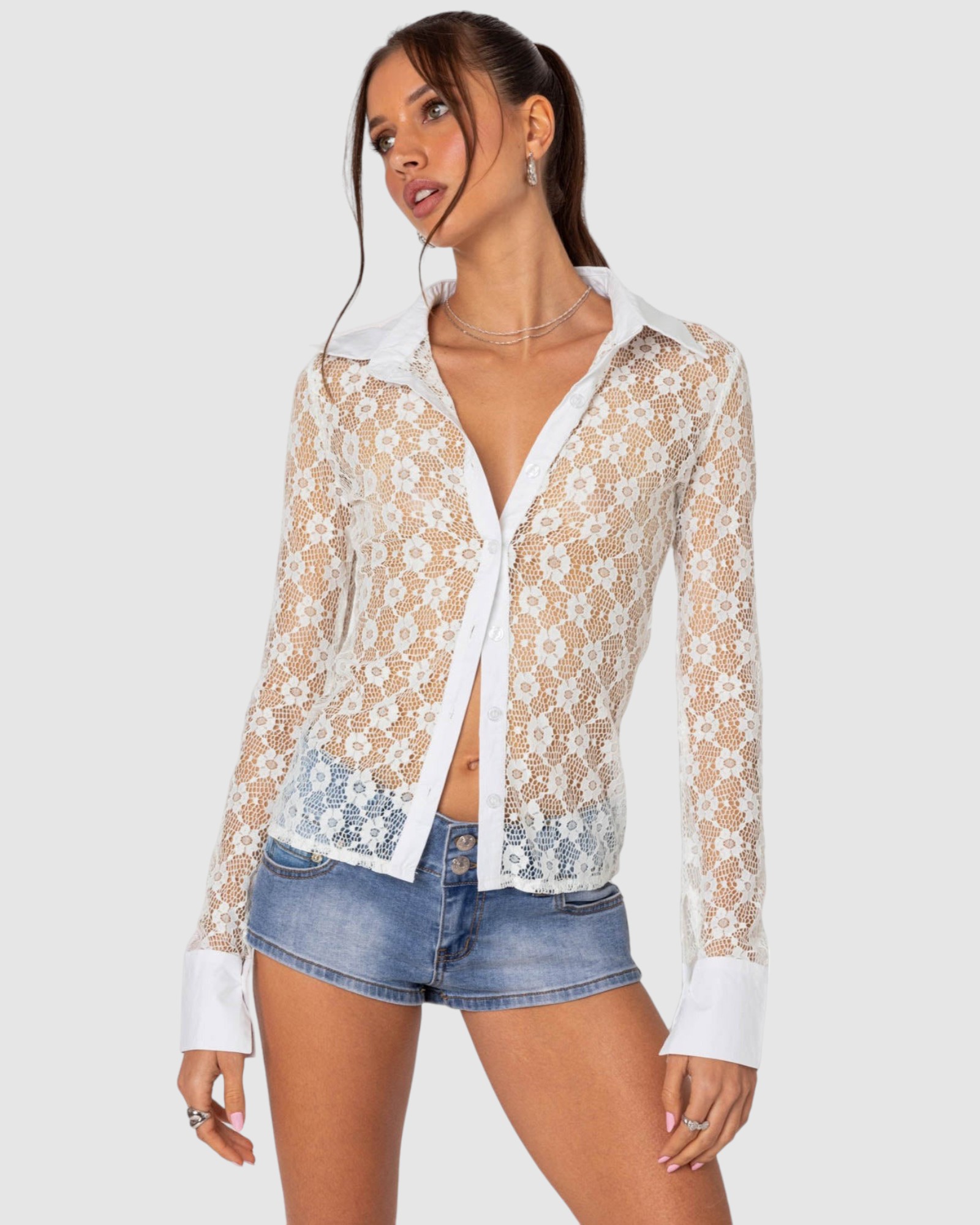 Cecilia Sheer Lace Button Up Shirt