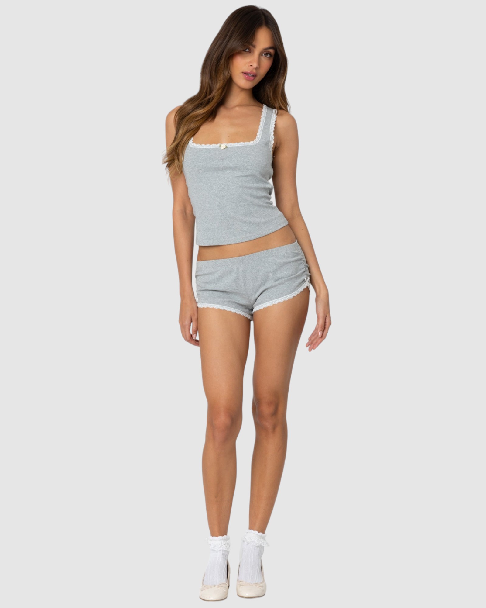 Kadence Ruched Lace Trim Shorts