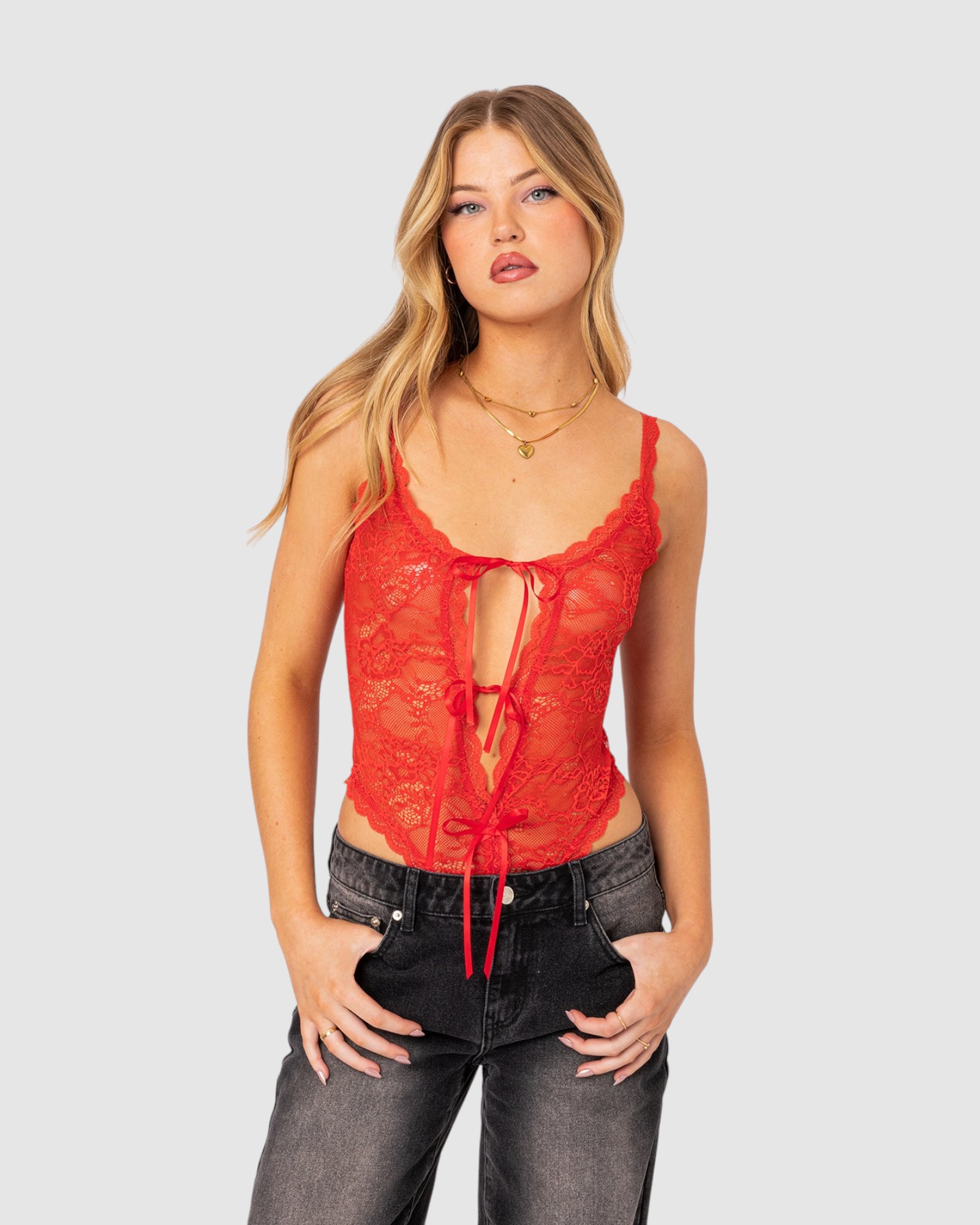 Maribelle Tie Front Sheer Lace Bodysuit