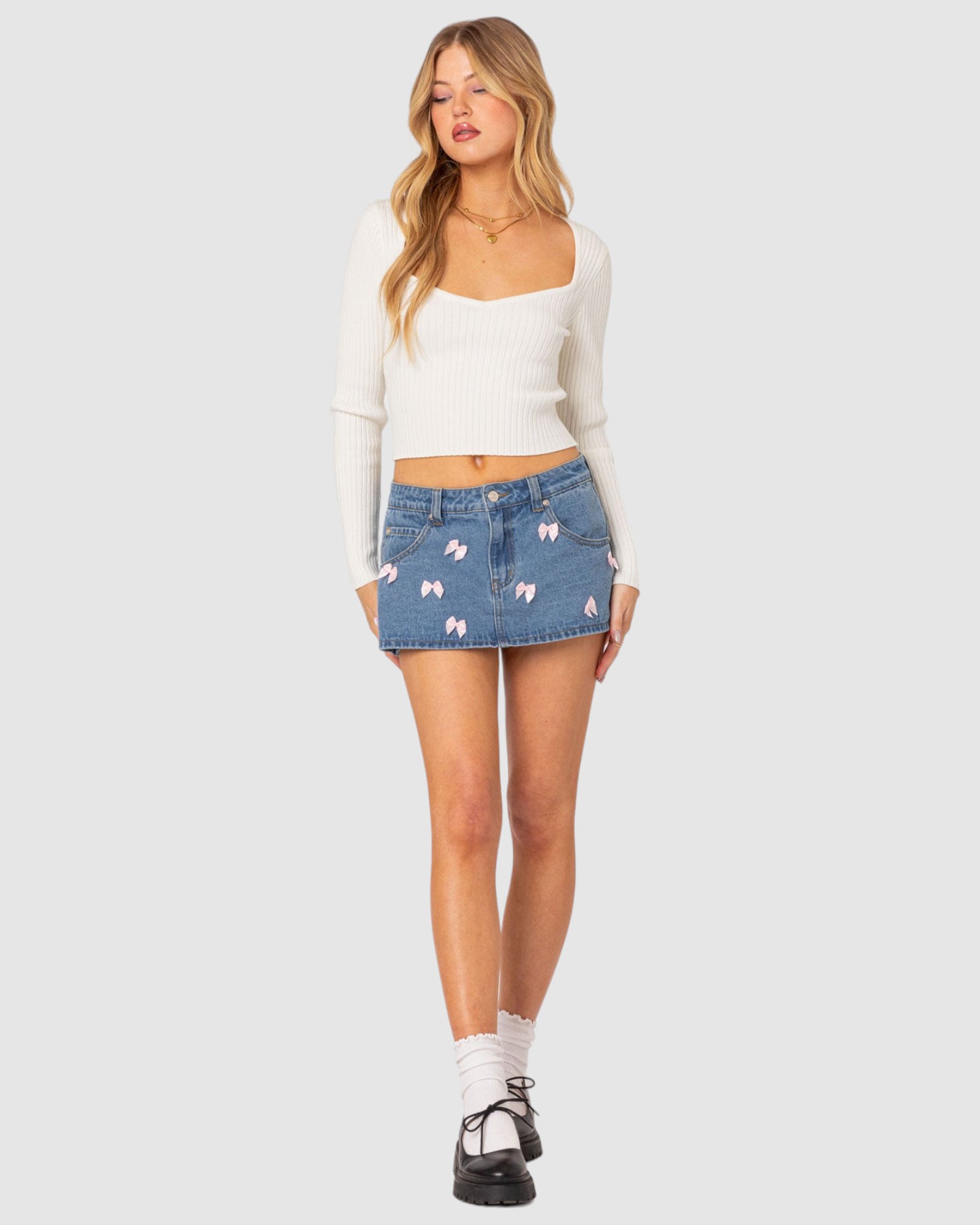 Alivia Satin Bow Denim Micro Skort