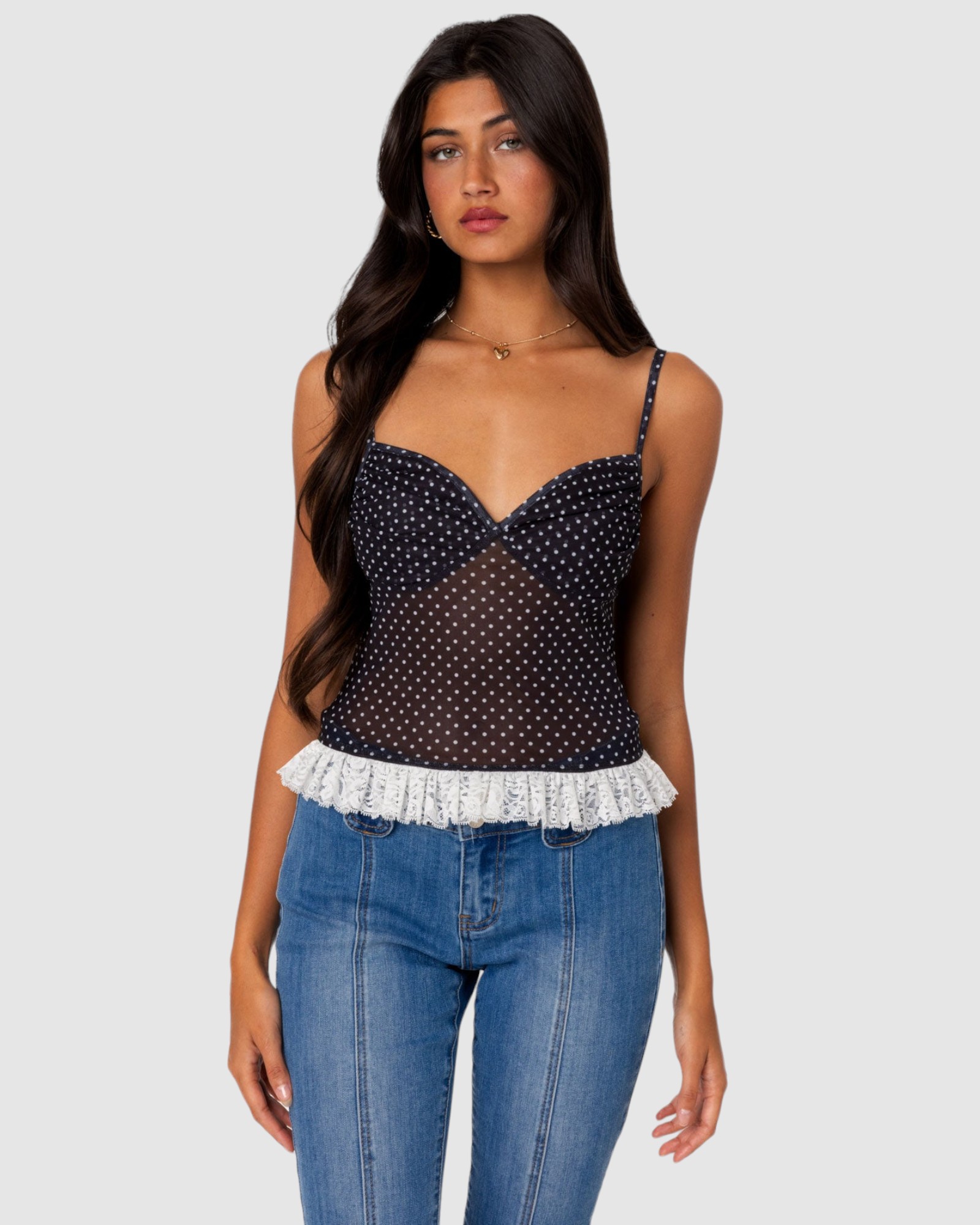 Polka Dot Cupped Mesh Top