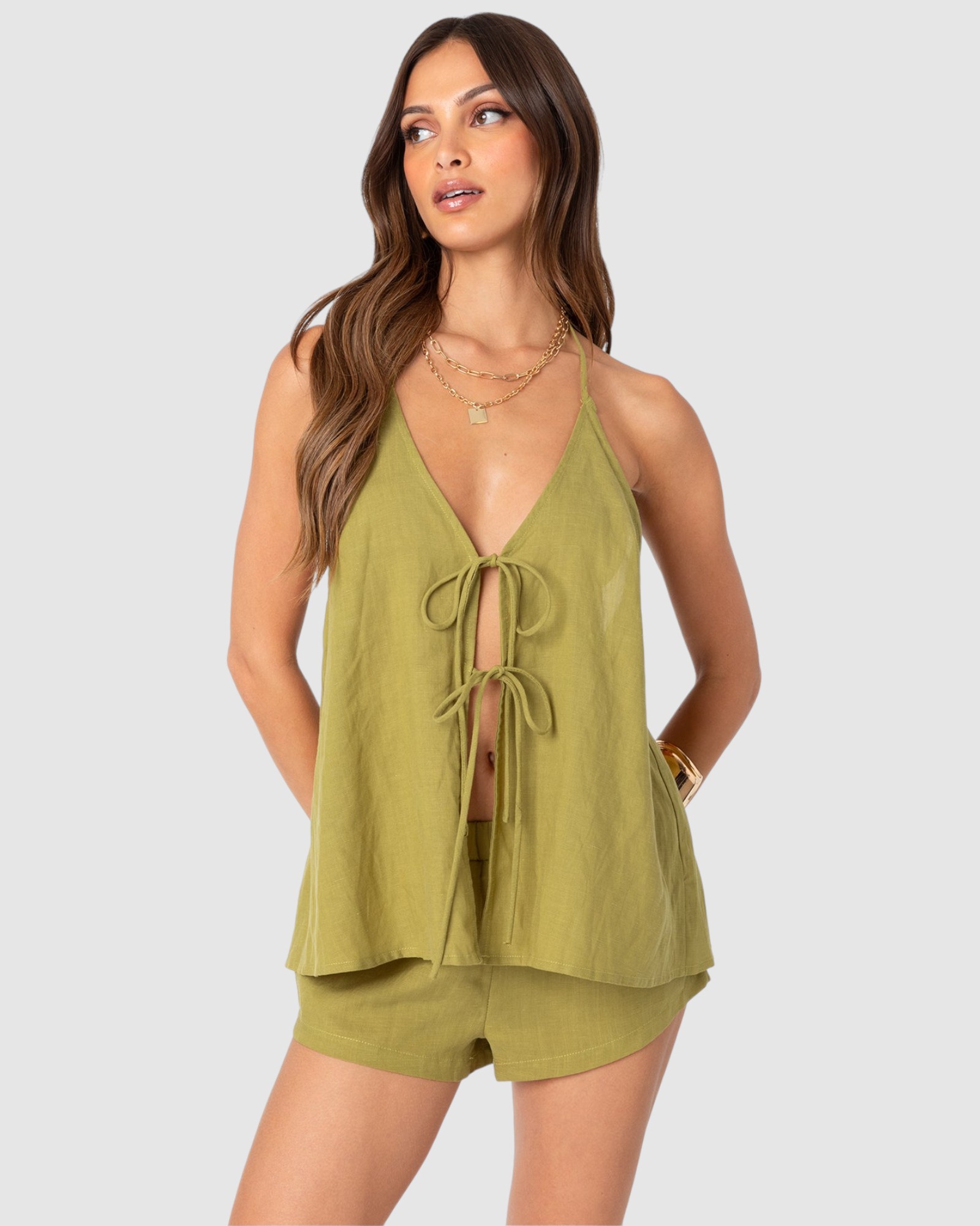 Arden Linen Look Tie Front Top