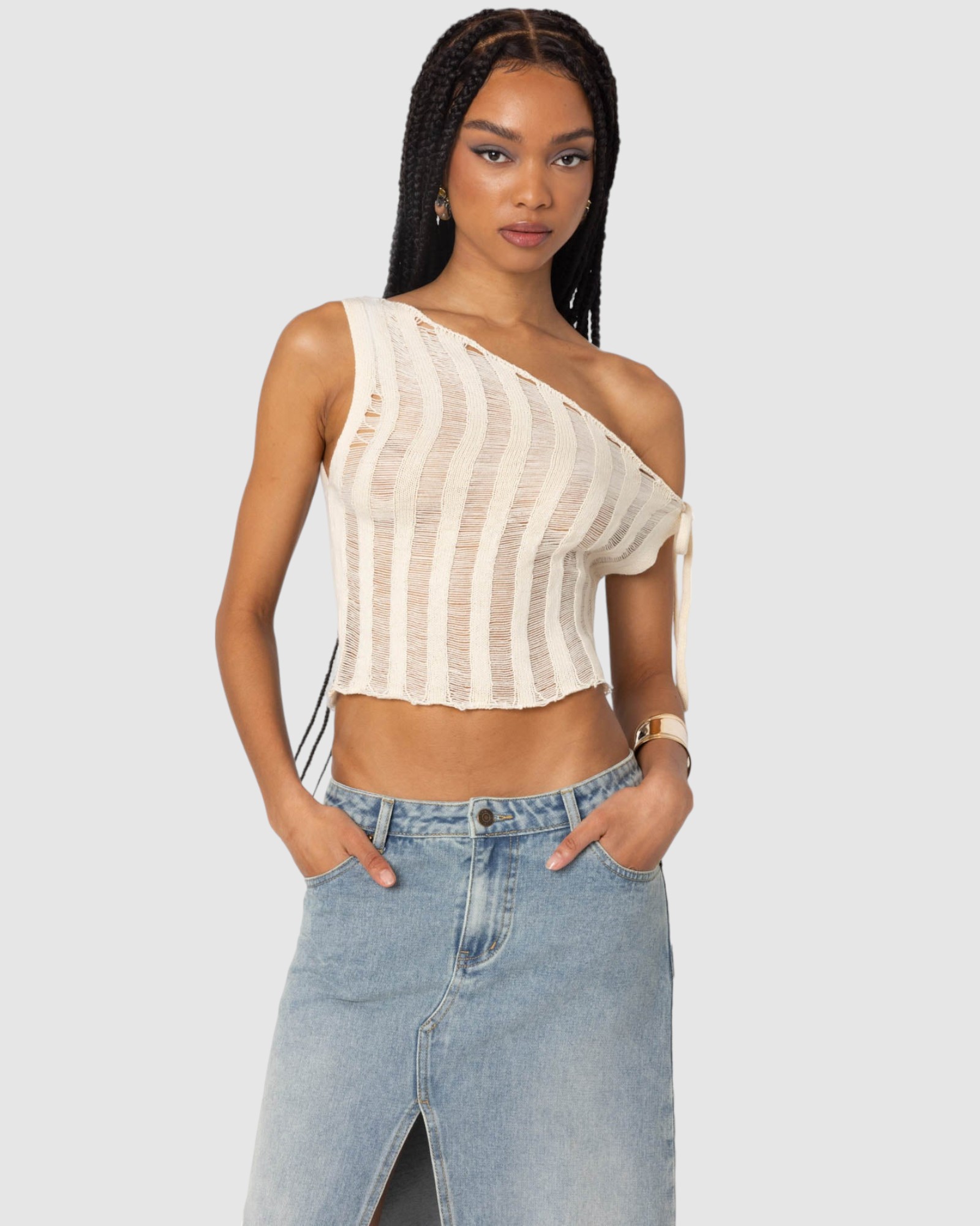 Tamra Sheer Knit Asymmetric Top