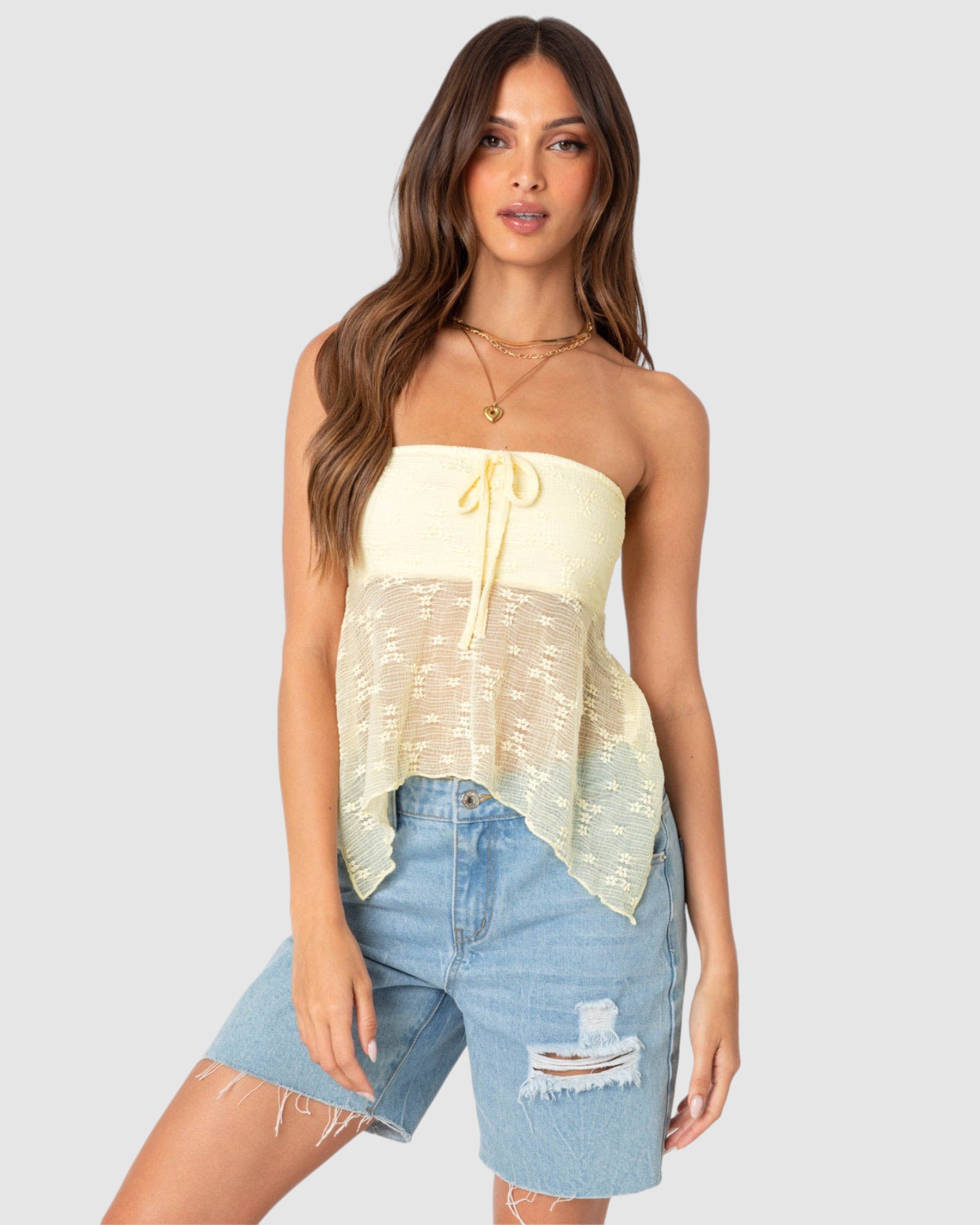 Embroidered Sheer Strapless Top