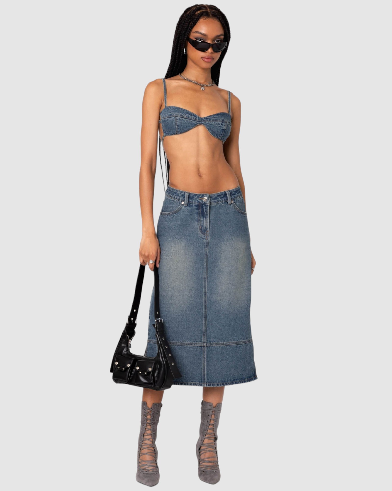 Lassy Washed Denim Midi Skirt