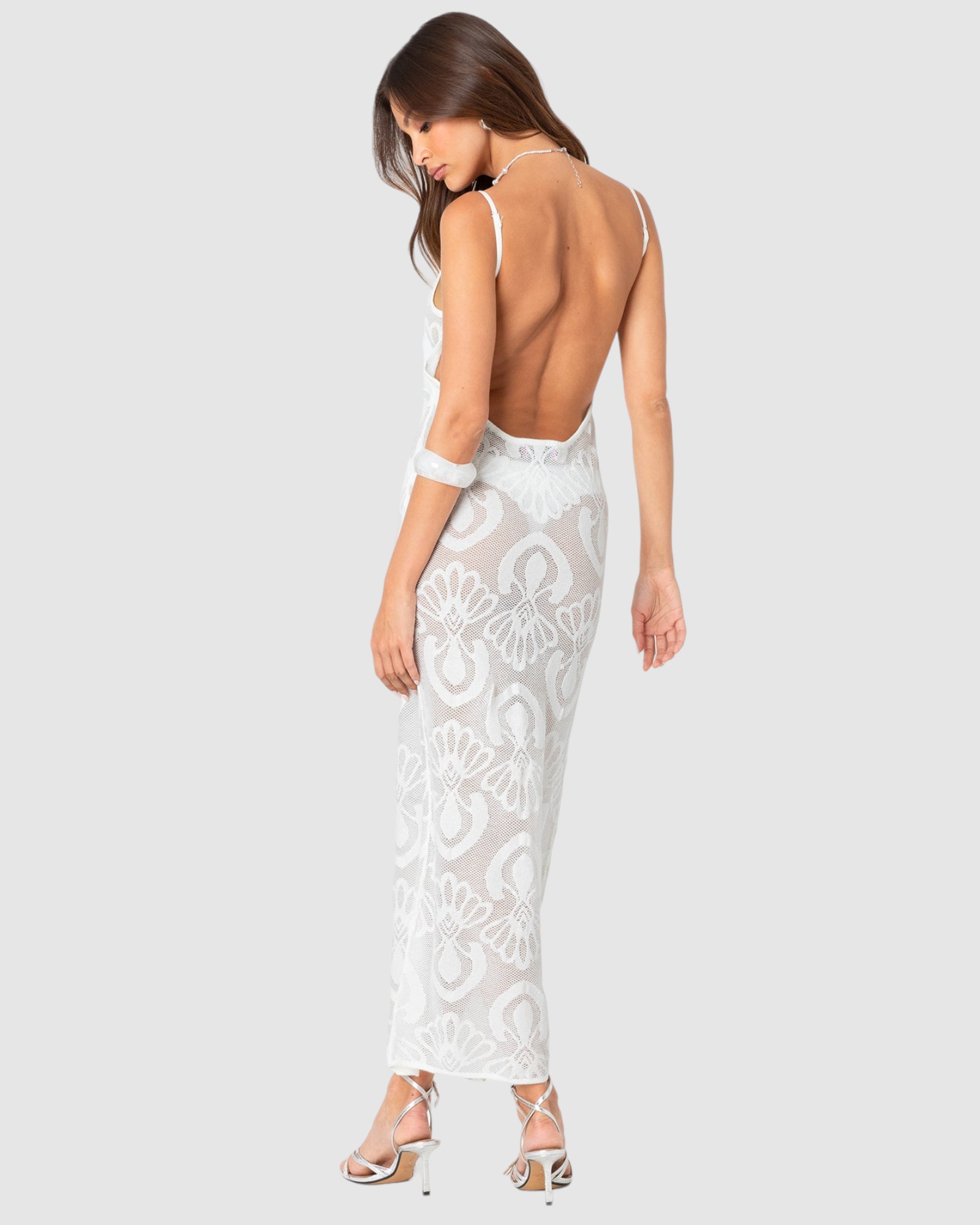 Embroidered Backless Sheer Knit Maxi Dress