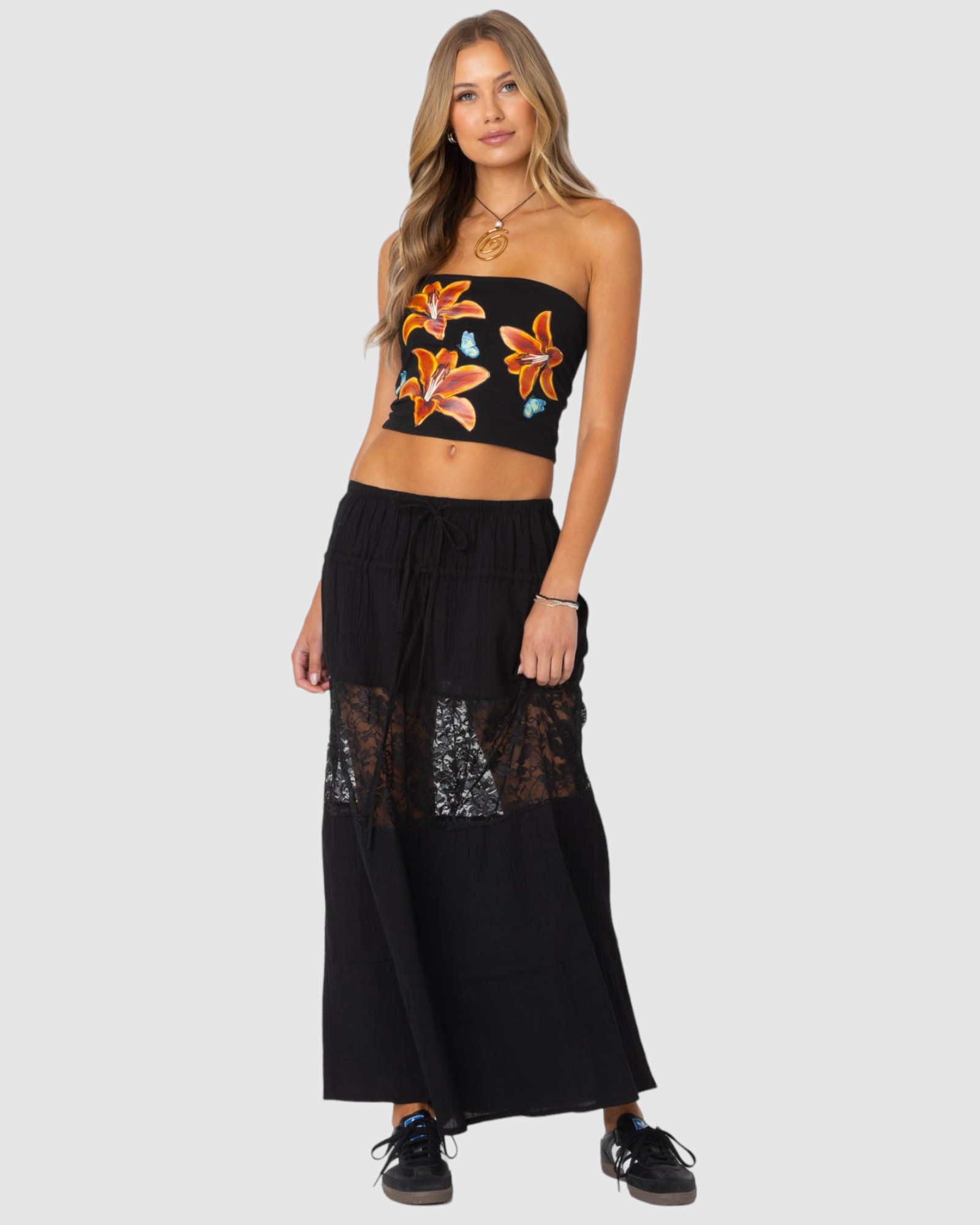 Double Tie Lace Panel Maxi Skirt