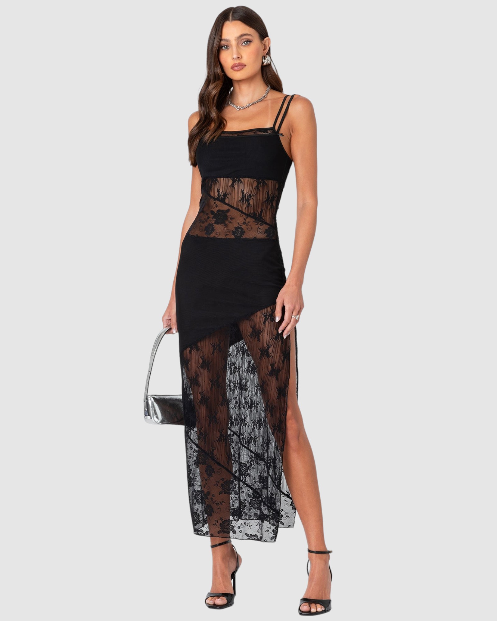 Sheer Mesh & Lace Patchwork Maxi Dress