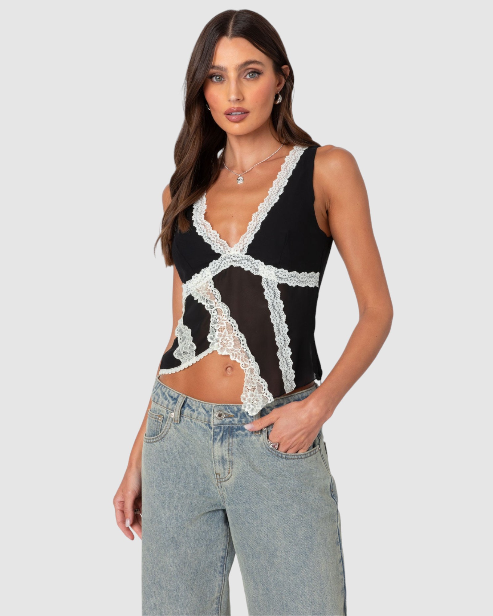 Chiffon & Lace Sheer Asymmetric Top
