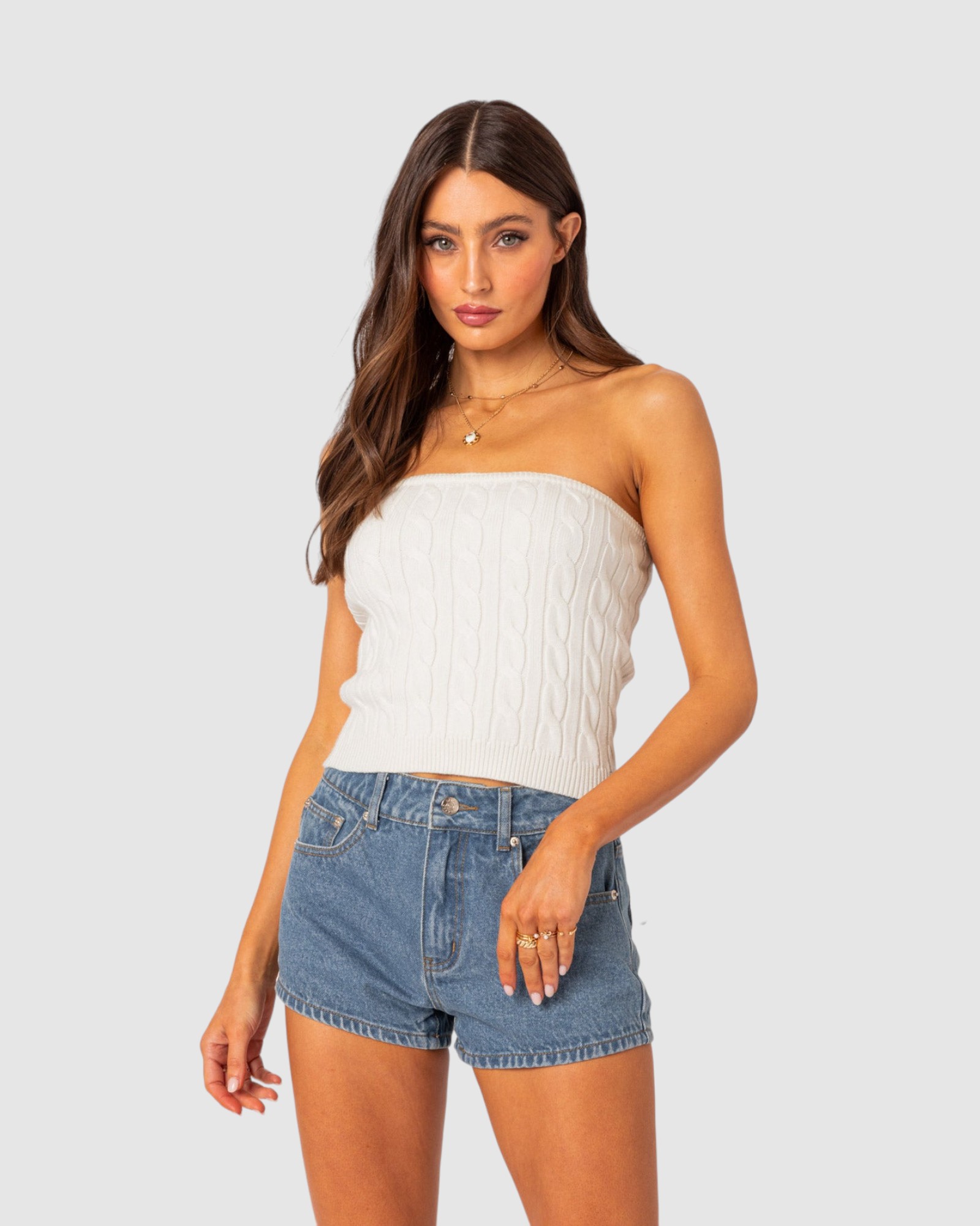 North cable knit strapless top