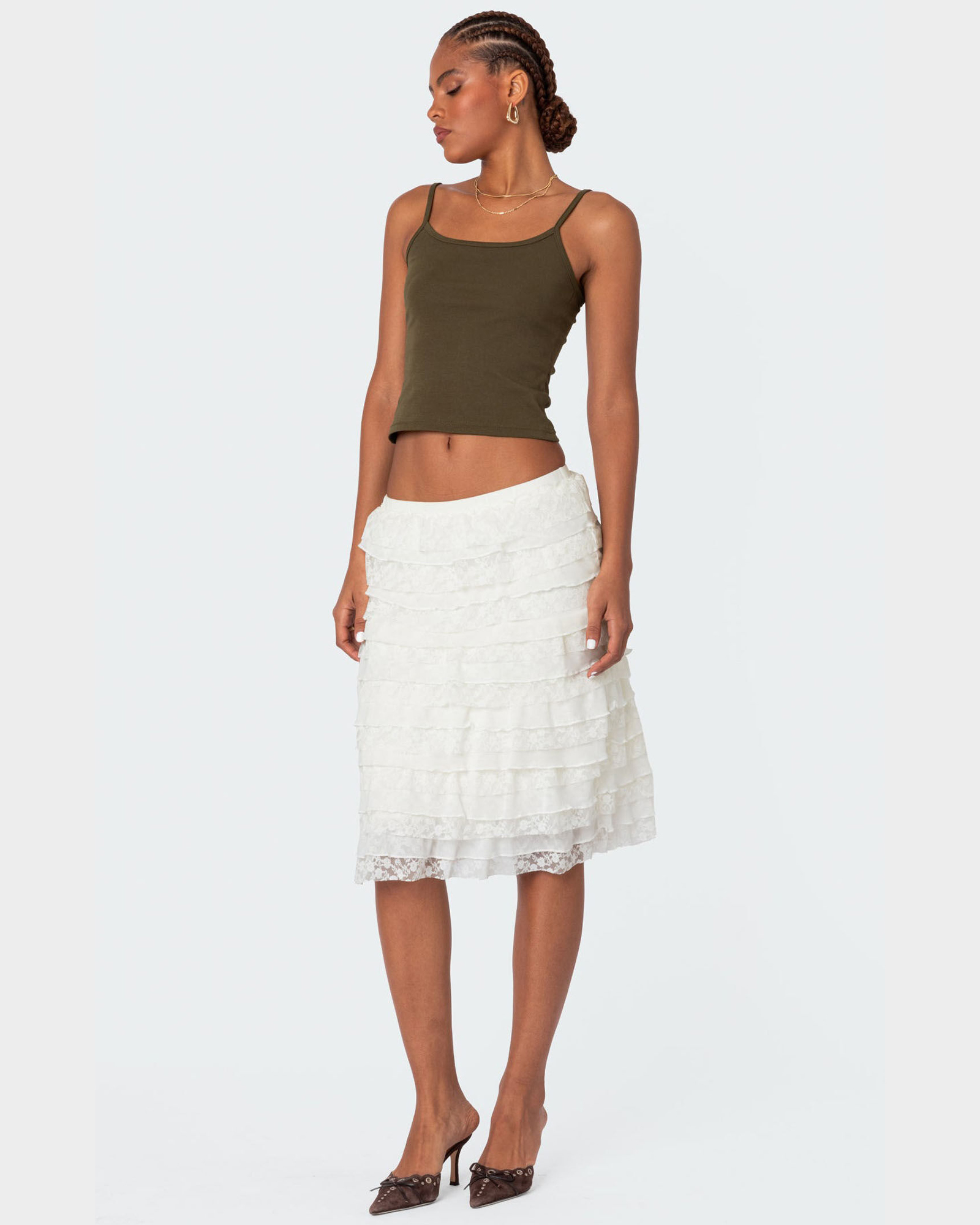 Louise Lace And Mesh Ruffle Midi Skirt