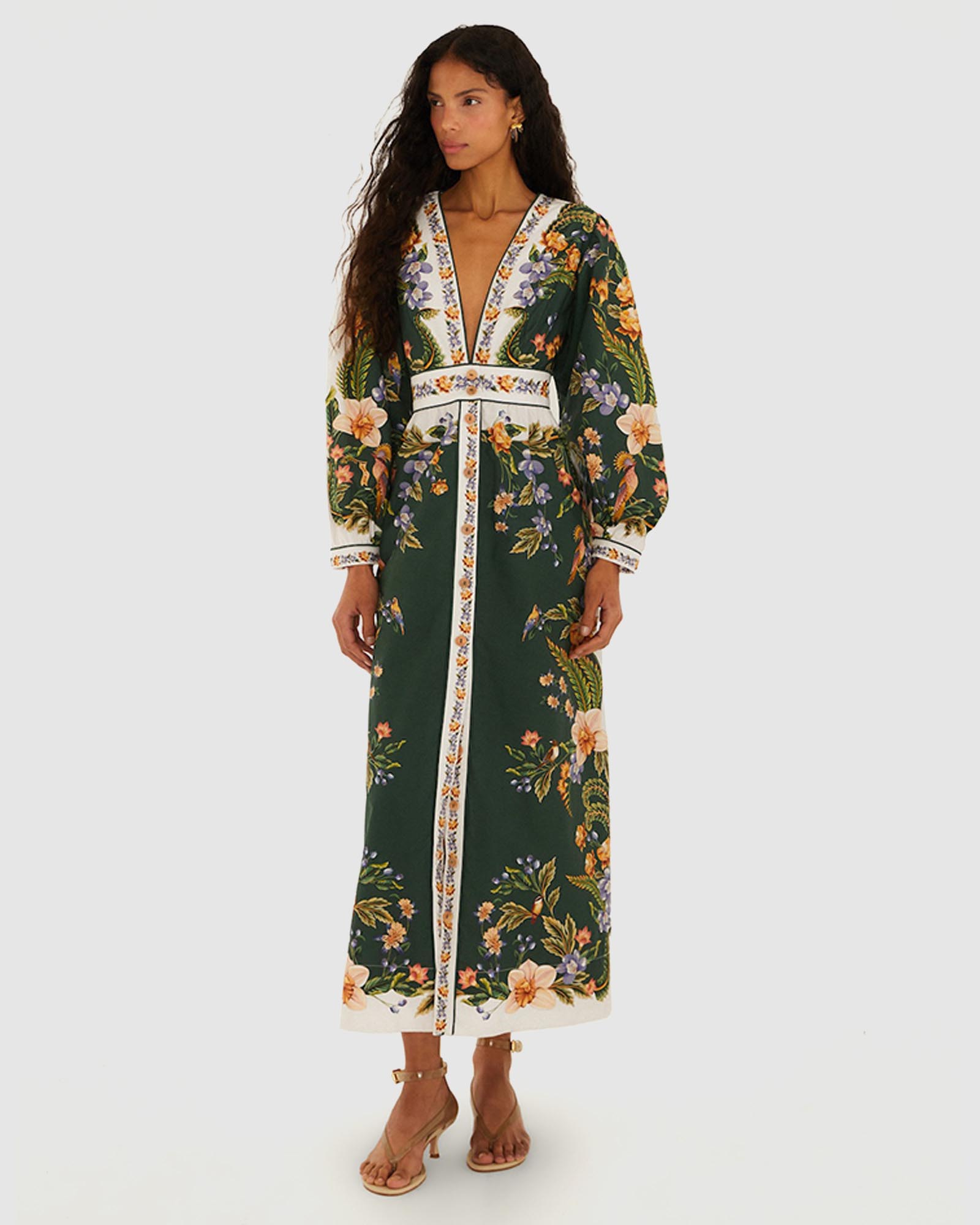 Green Nature V Neck Buttoned Maxi Dress