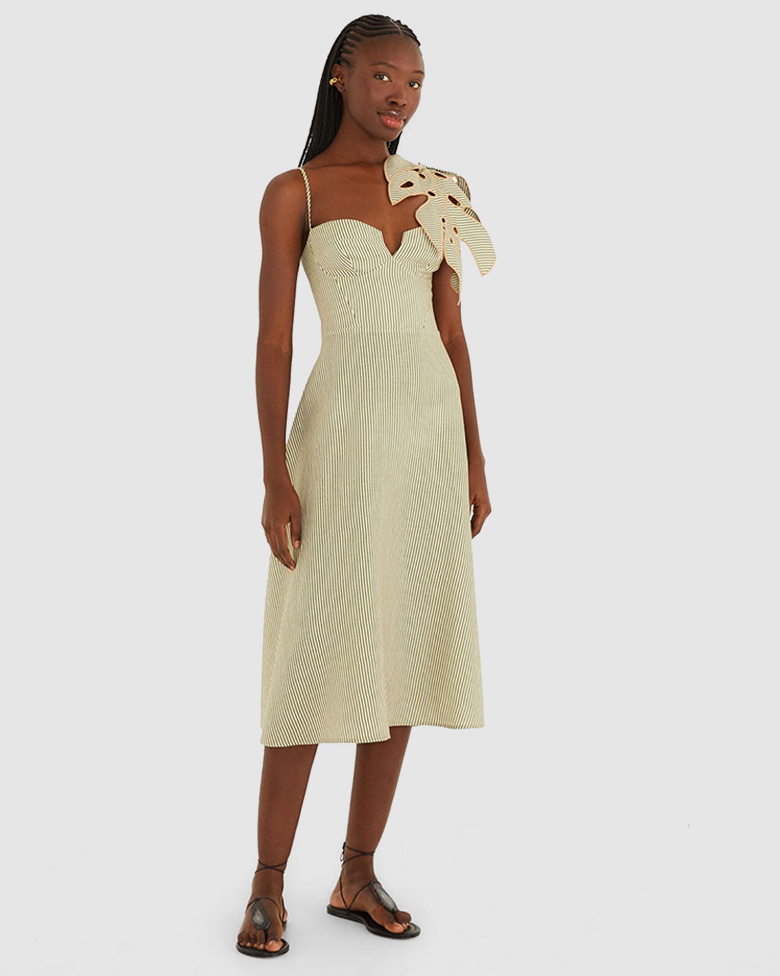 Striped Monstera Leaf Sleeveless Dress