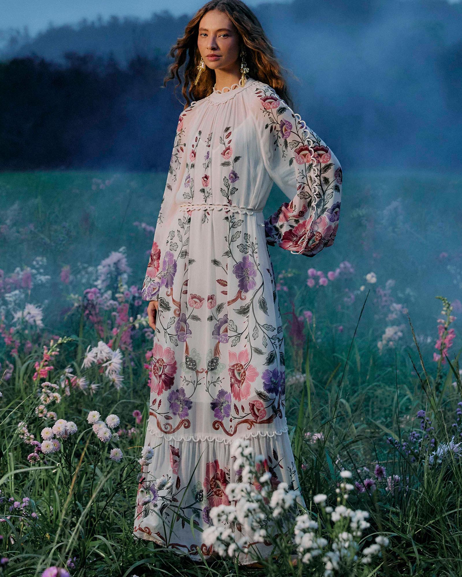 Rococo Flowers Cream Maxi Dress