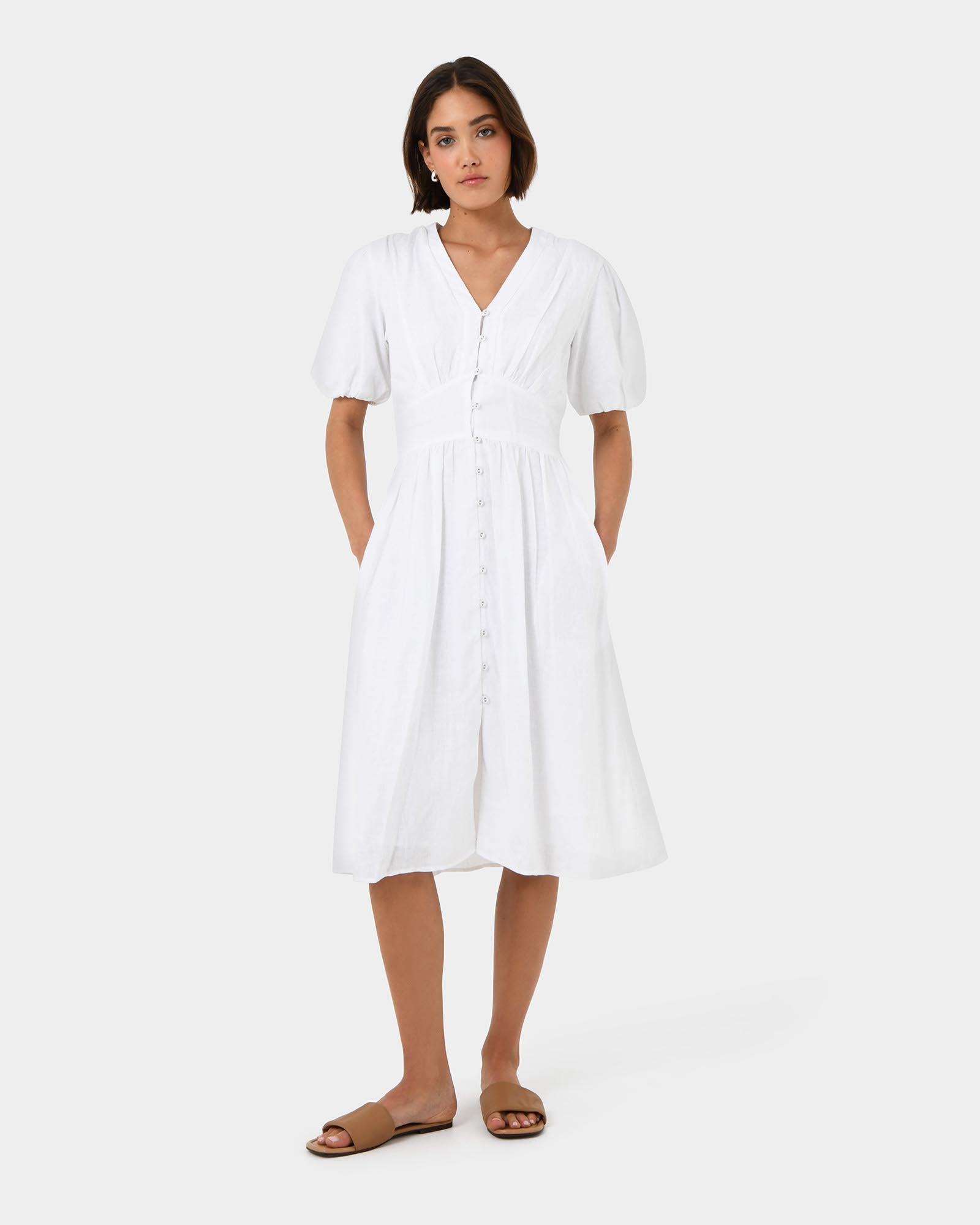 Fernanda Linen Puff Sleeve Dress