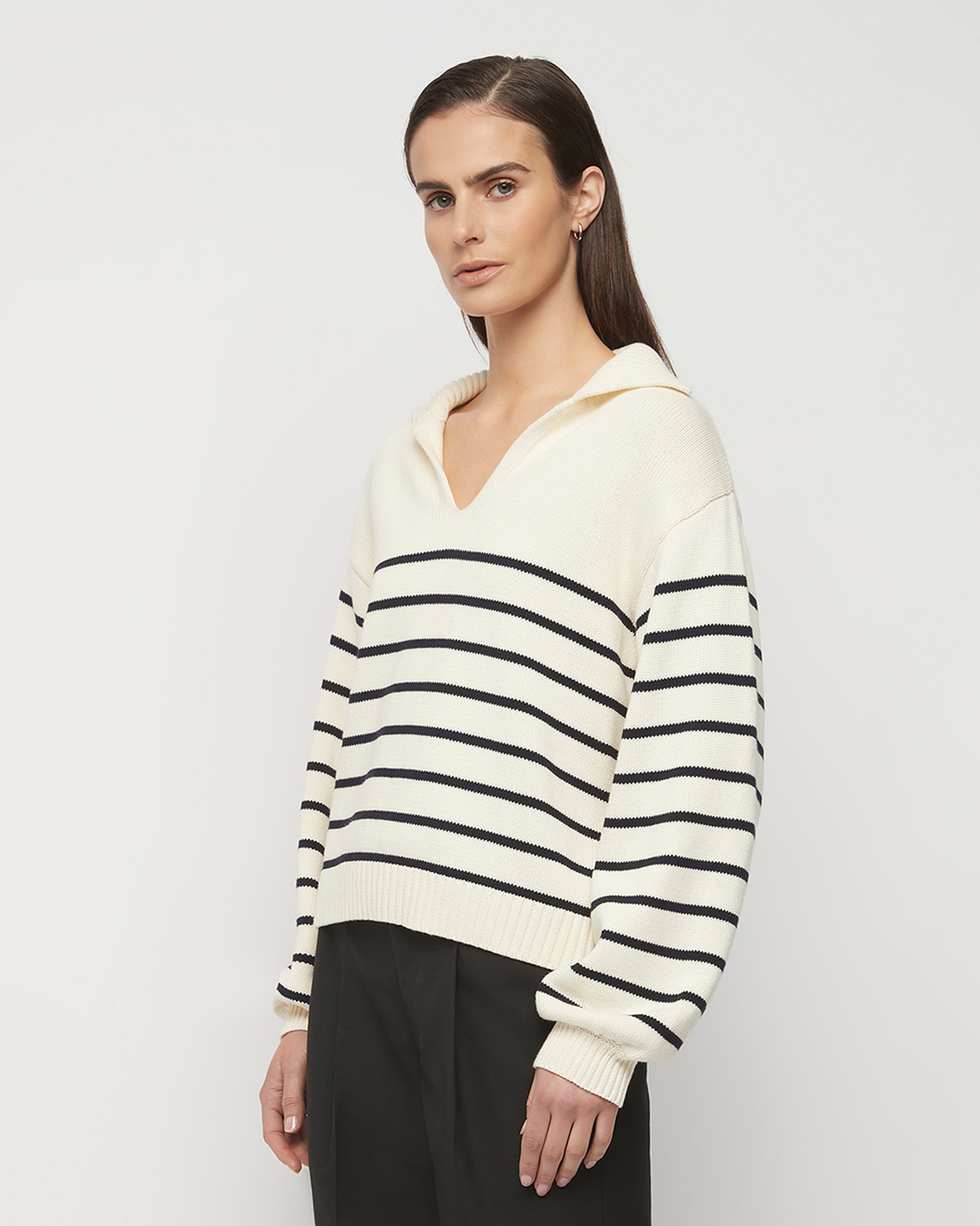 Collared Cotton Striped Knit