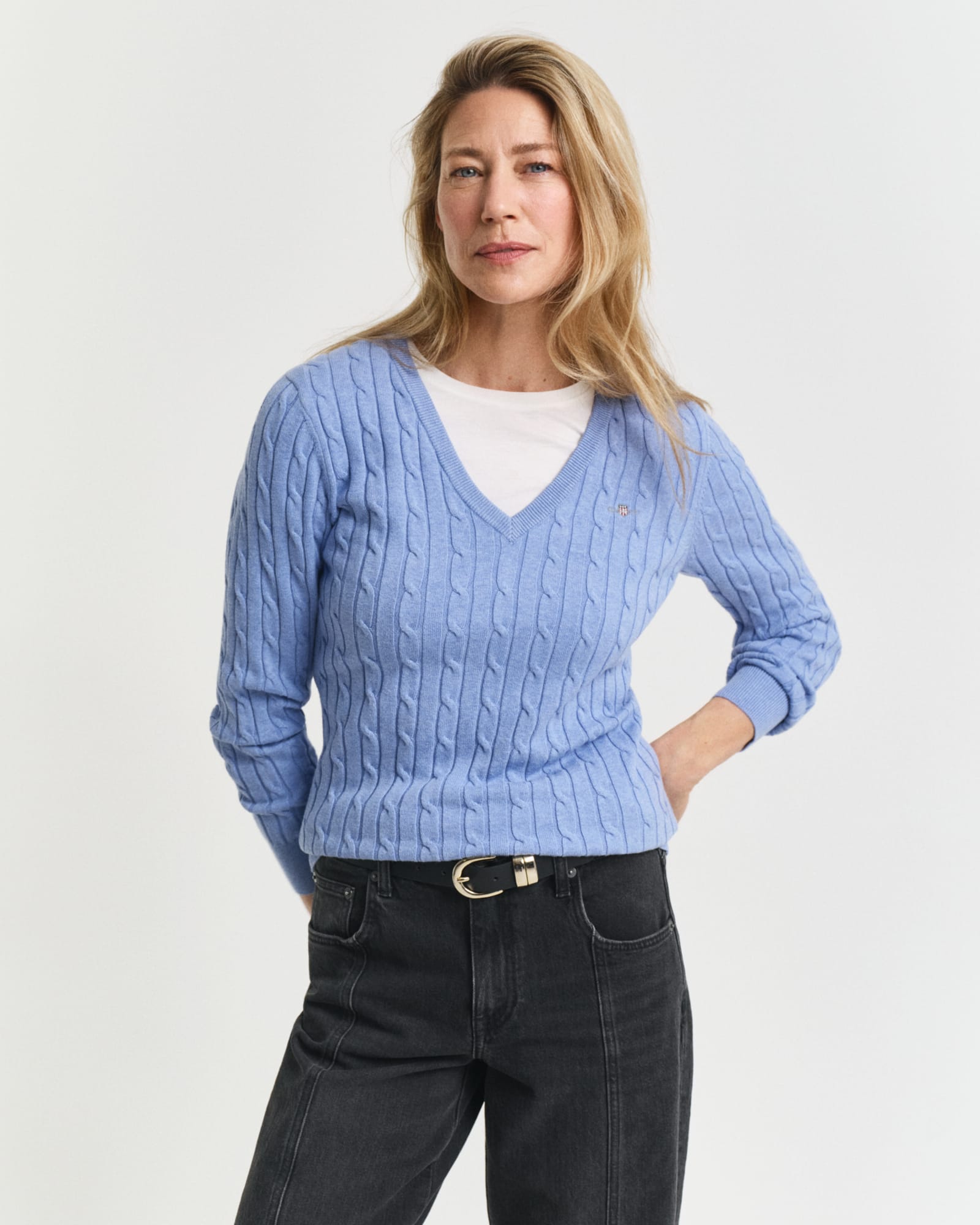 Stretch Cotton Cable V-Neck Knit