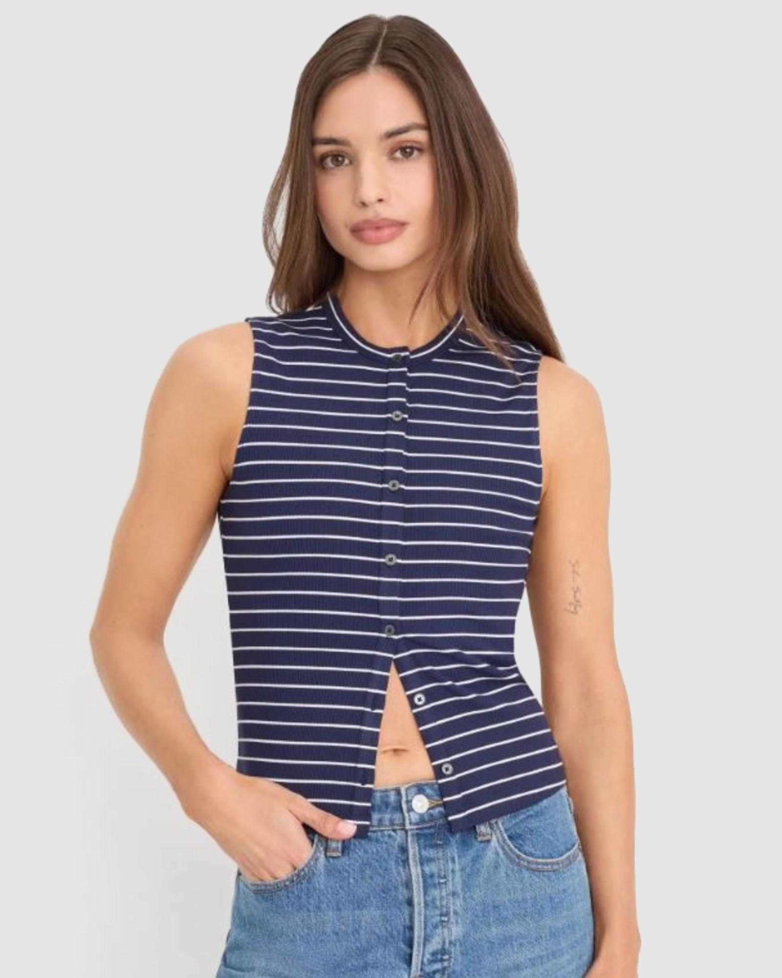 Modal Rib Stripe Button Up Top