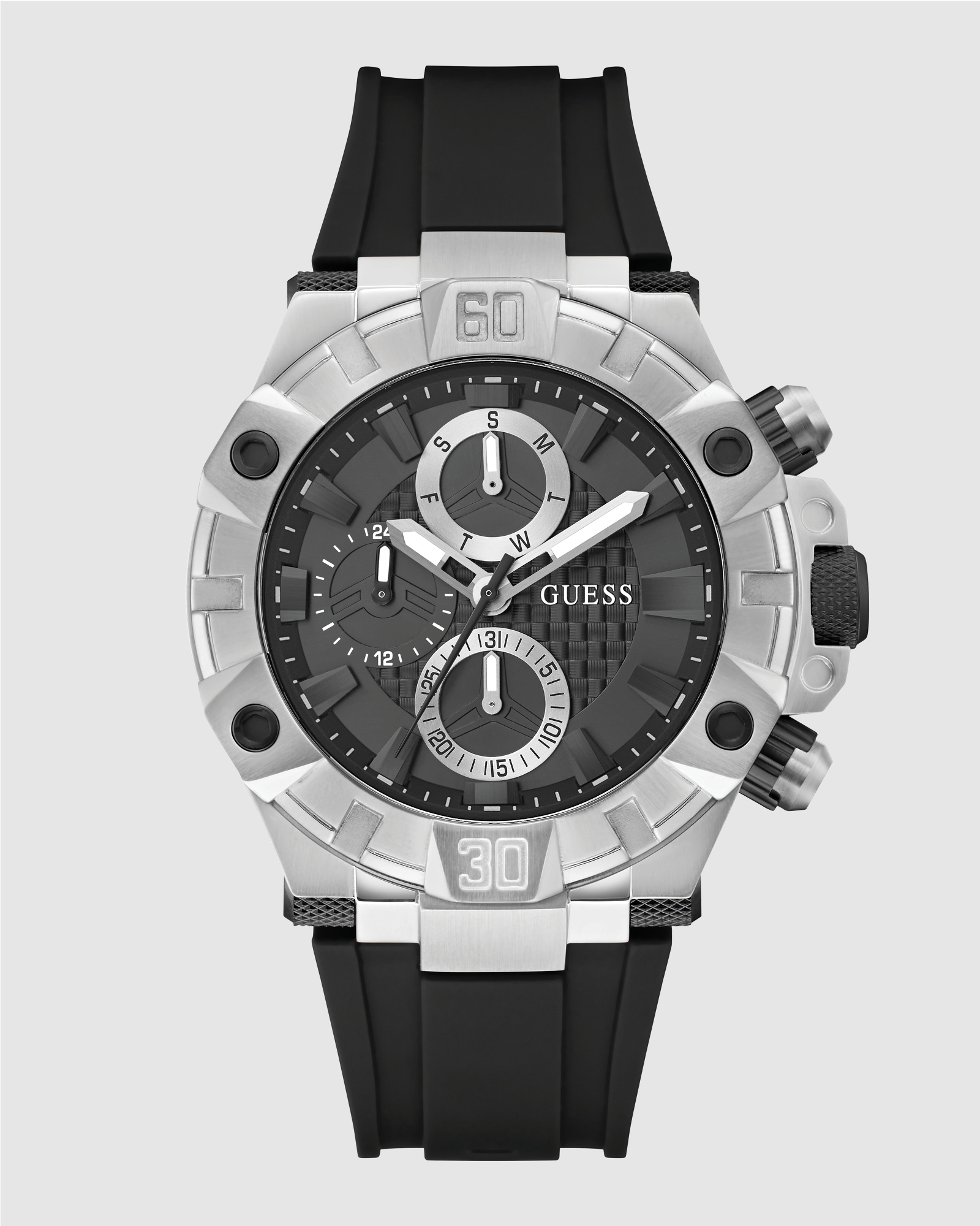 Chrono Multifunction 46mm Silver-Tone with Black Dial and Silicone Strap