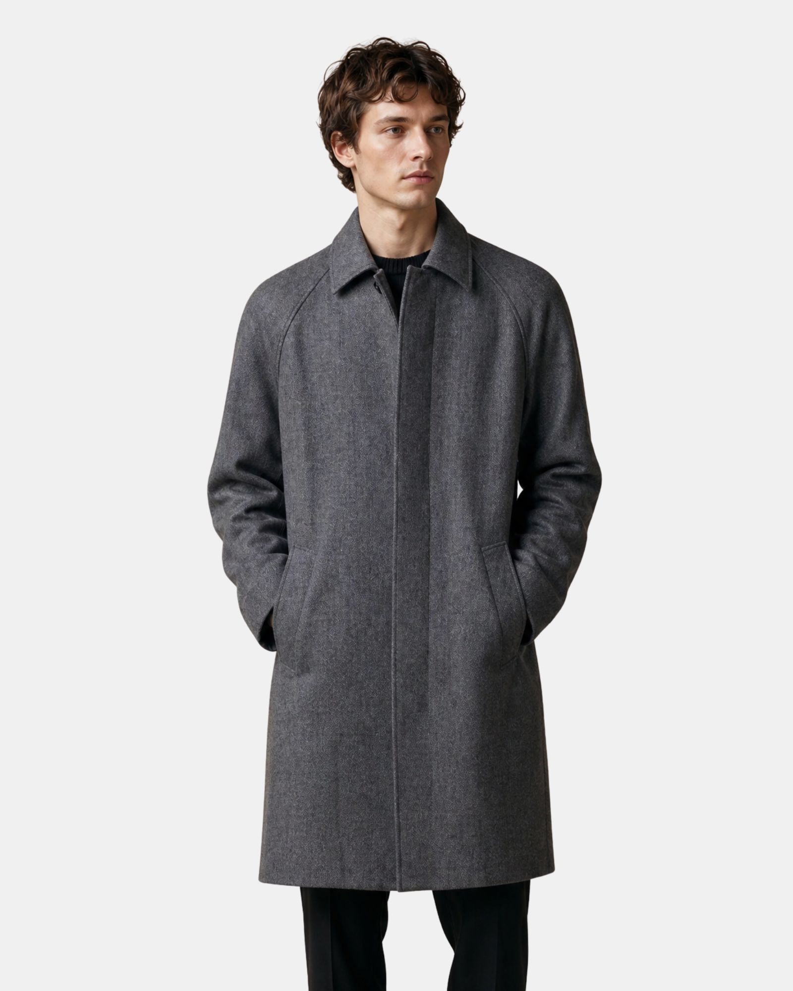 HENRY SARTORIAL Herringbone Wool Overcoat CHARCOAL