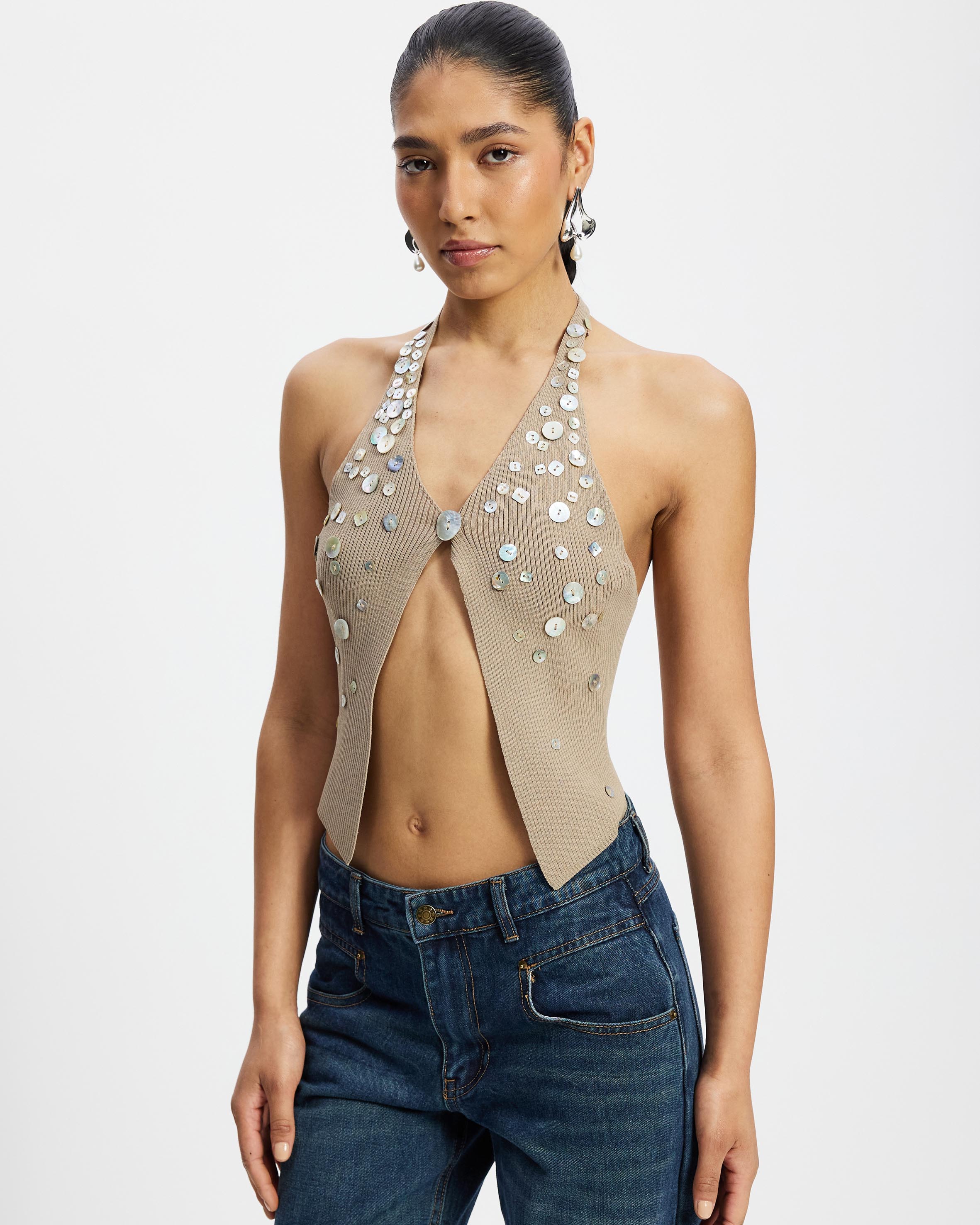 Button Knit Halter Top