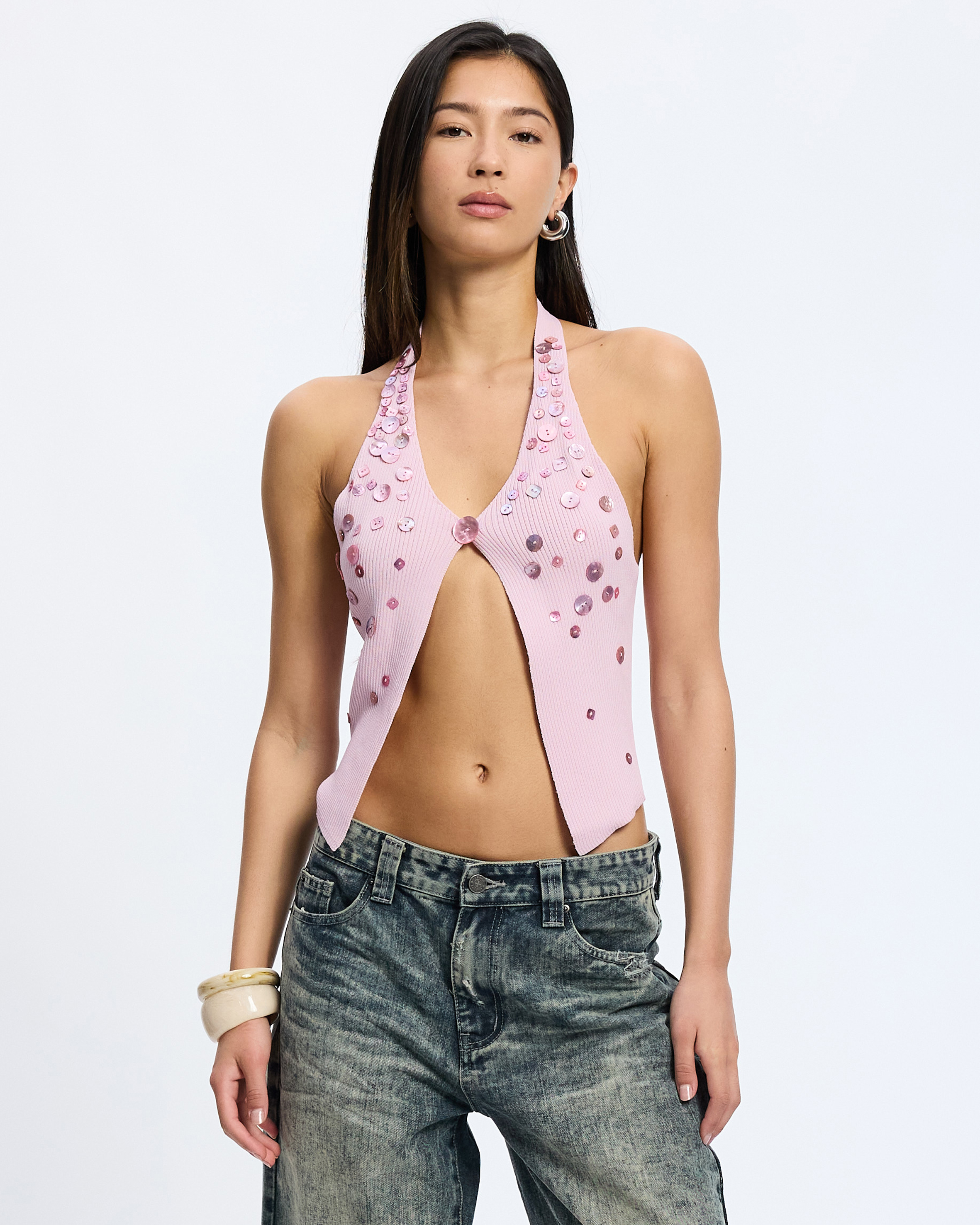 Button Knit Halter Top