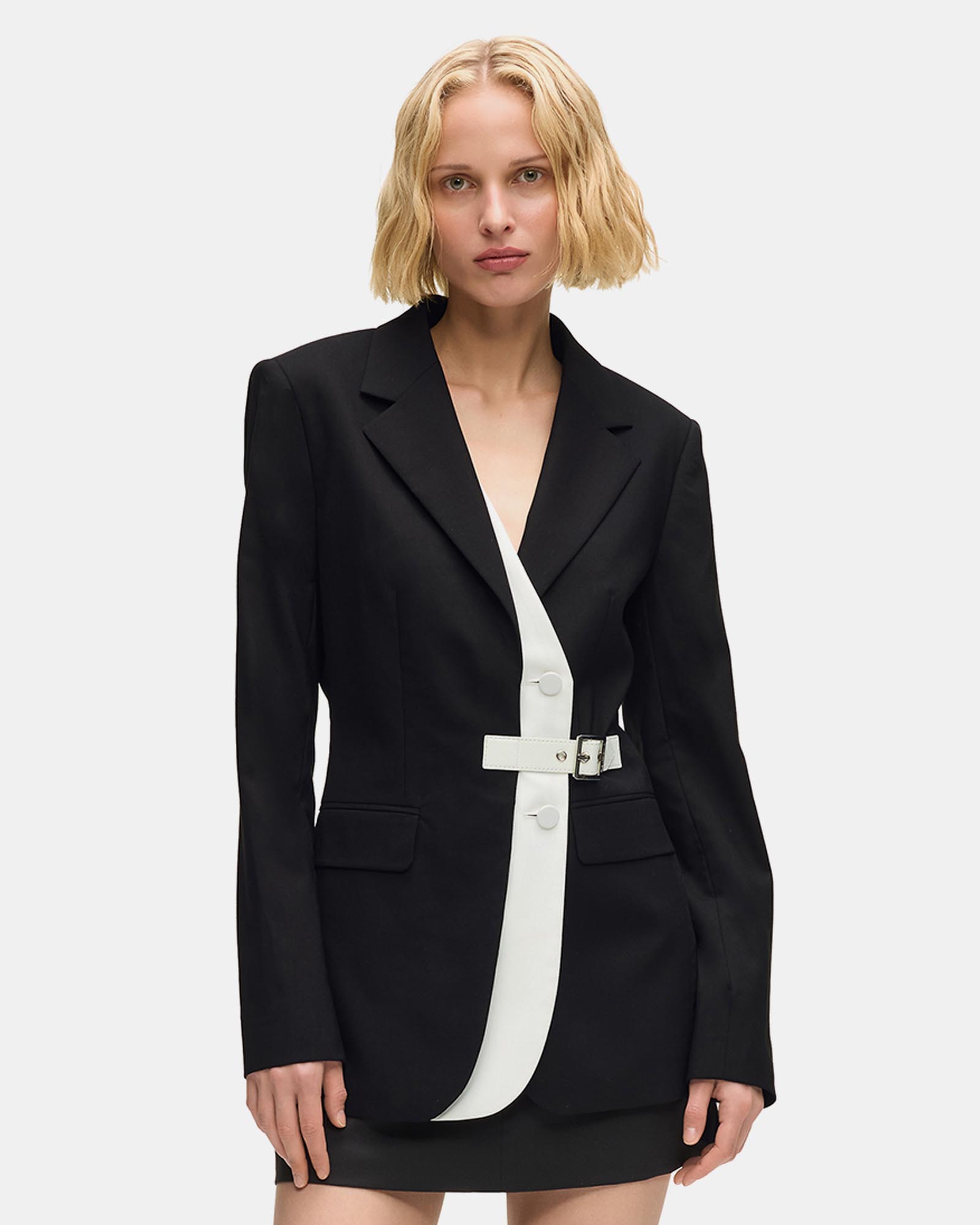 Belted Contrast Lapel Blazer