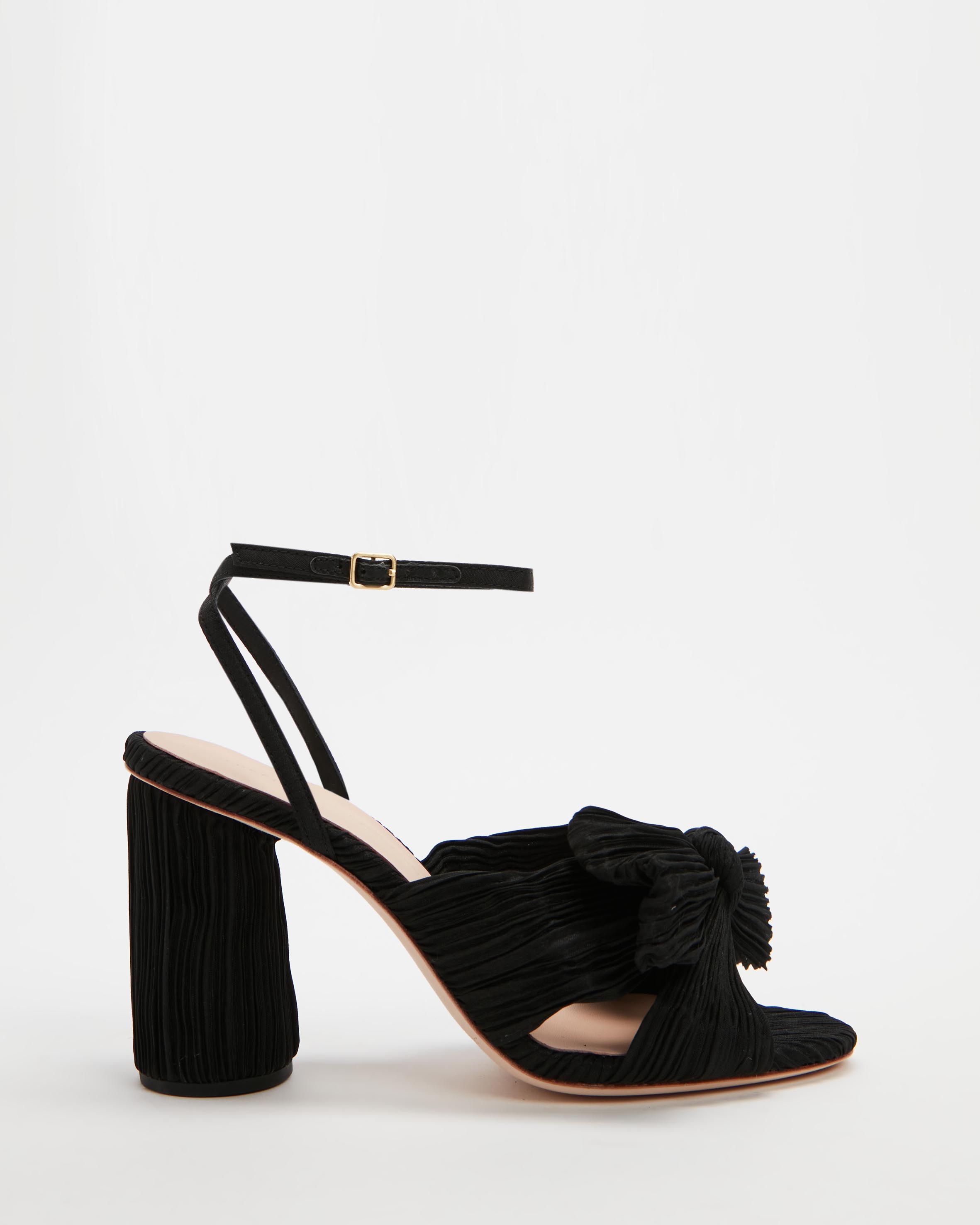 Camellia Pleated Knot Heeled Sandal With Ankle Strap