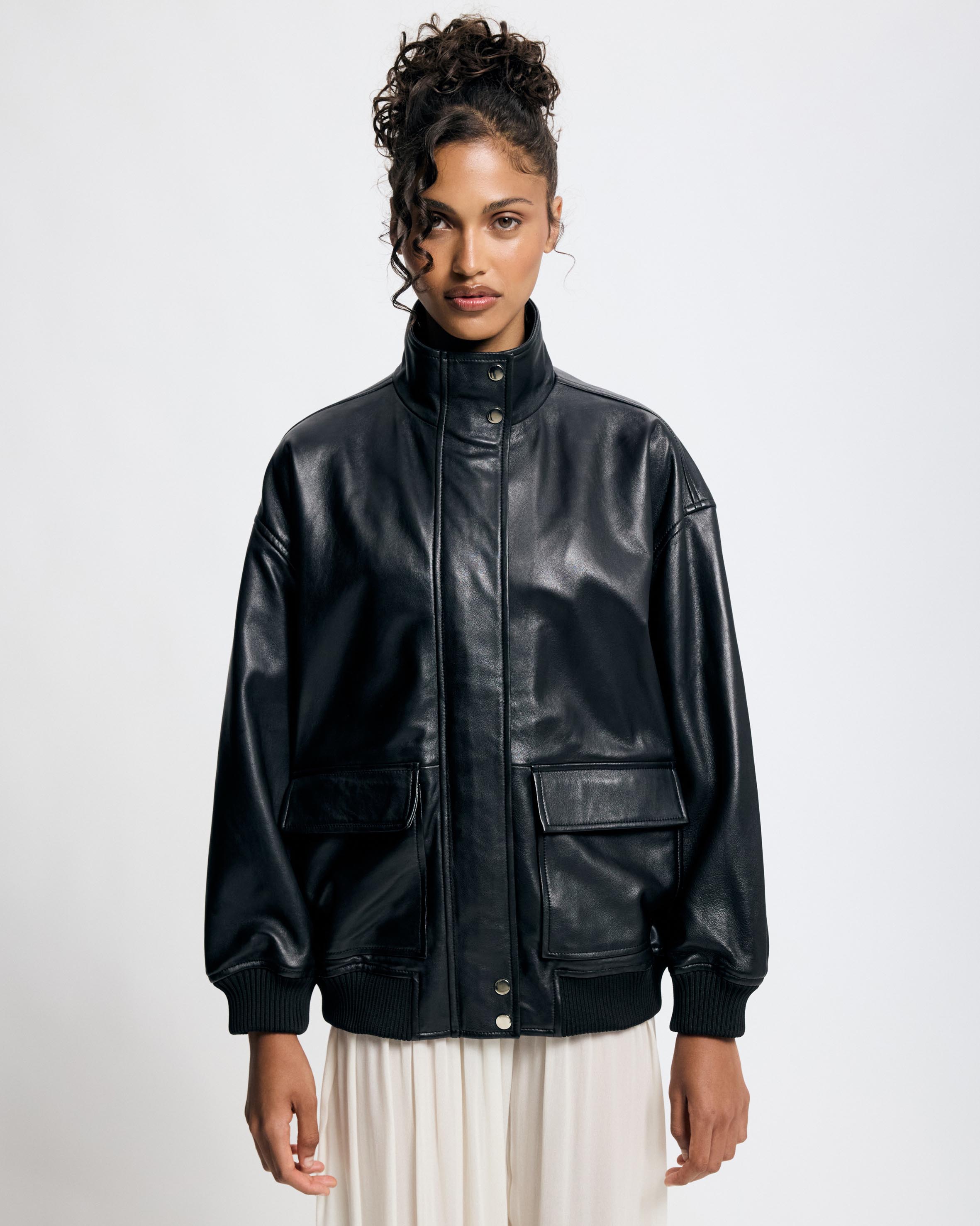 Byron Oversized Leather Funnel Neck Bomber Jacket