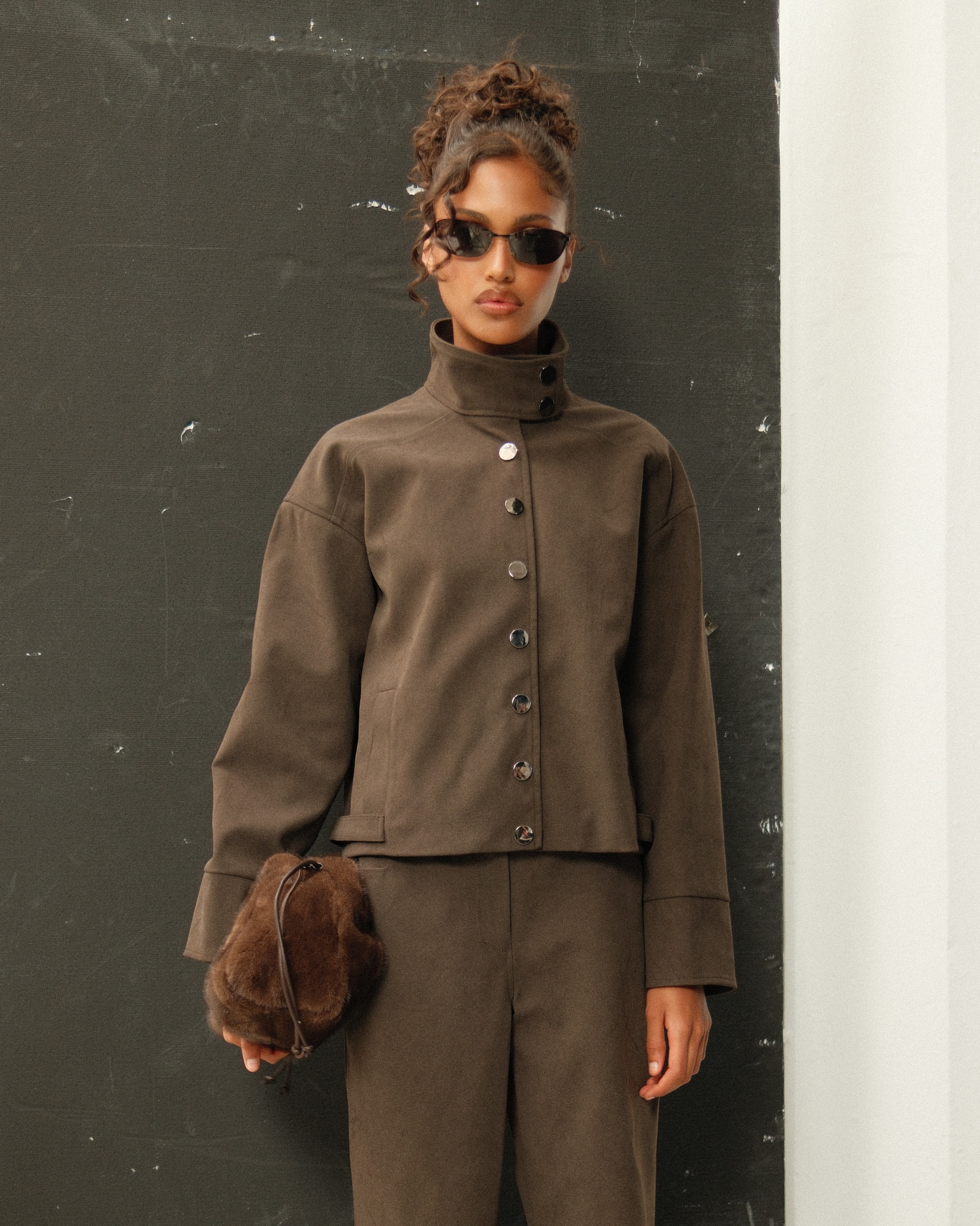 Lucinda Suede Look Funnel Neck Jacket
