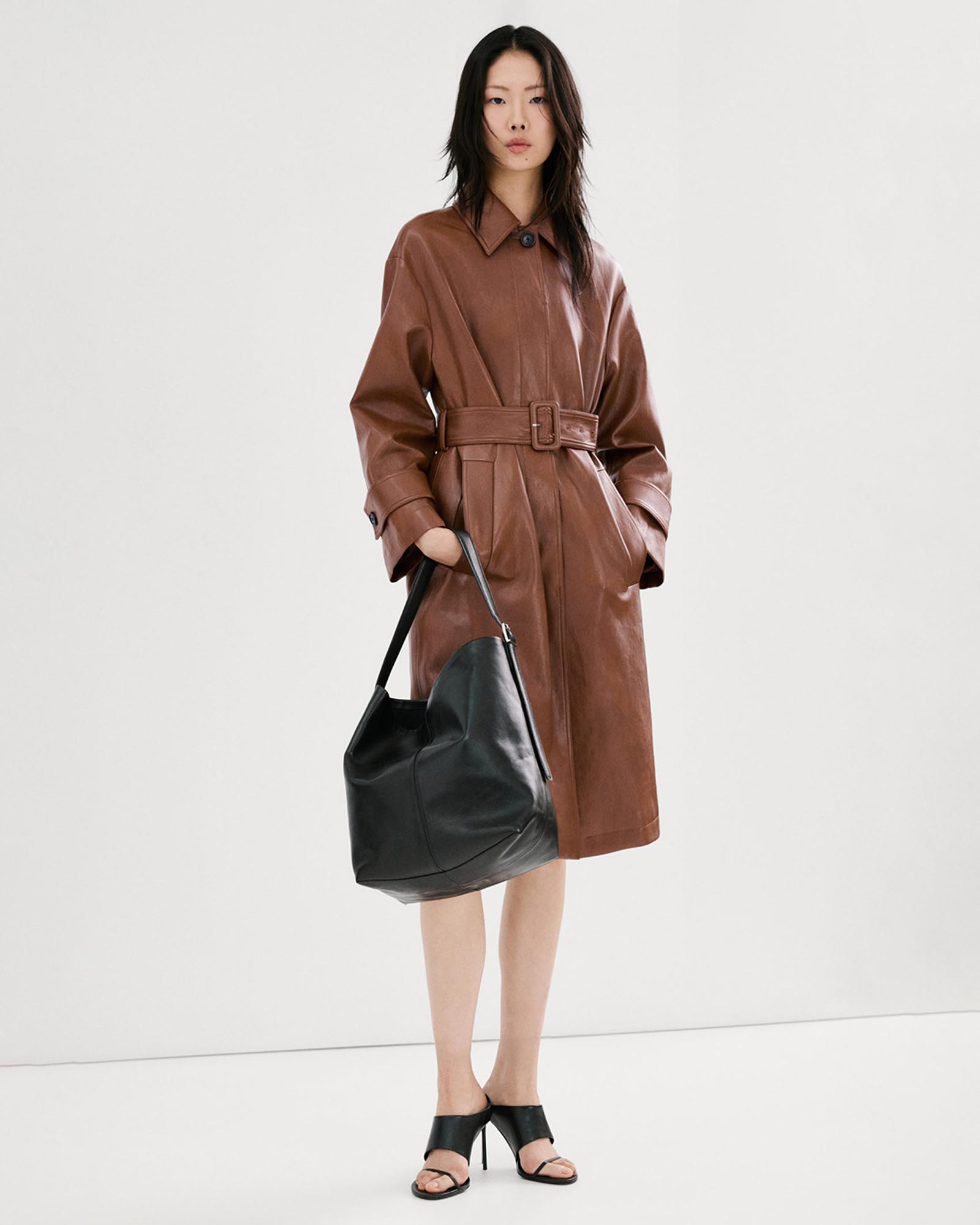 Long Faux-Leather Trench Coat With Belt