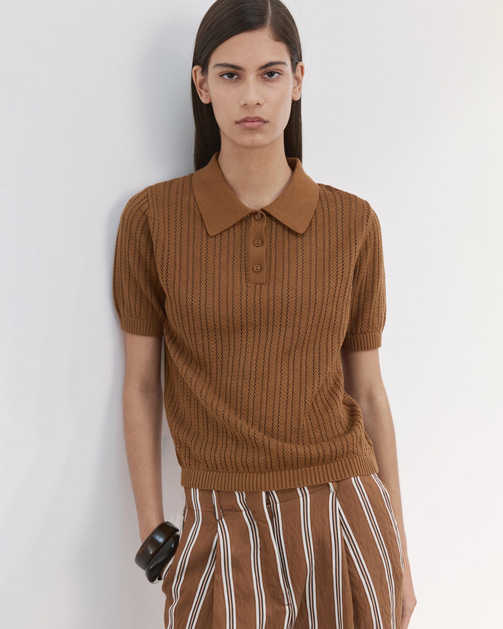 Openwork Knitted Polo-Neck Sweater