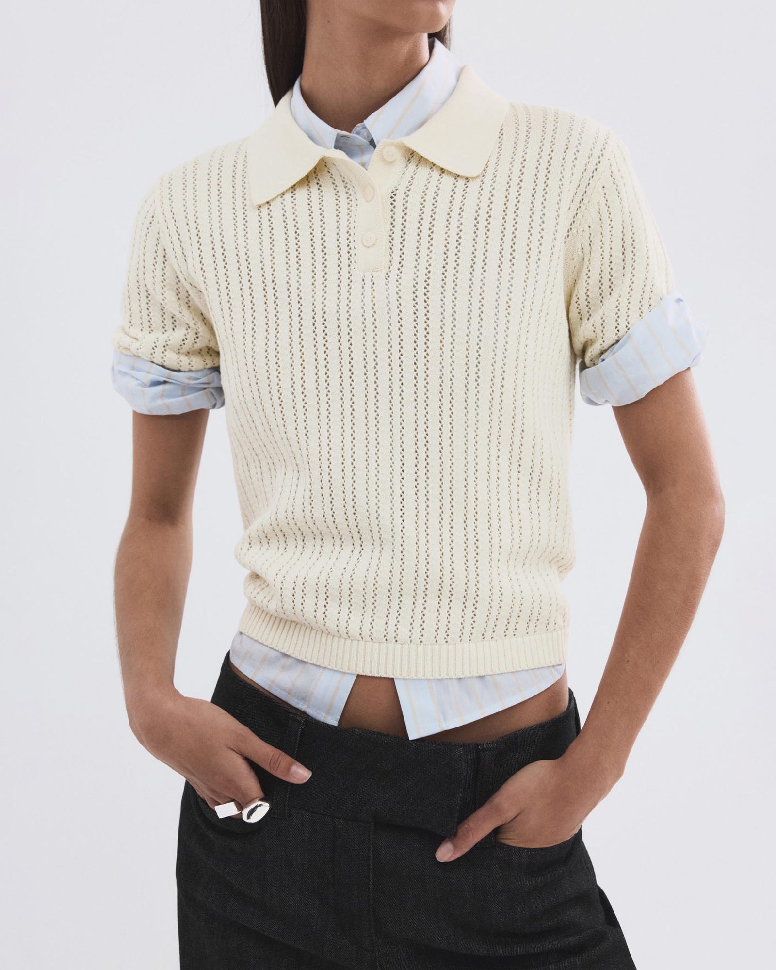 Openwork Knitted Polo-Neck Sweater