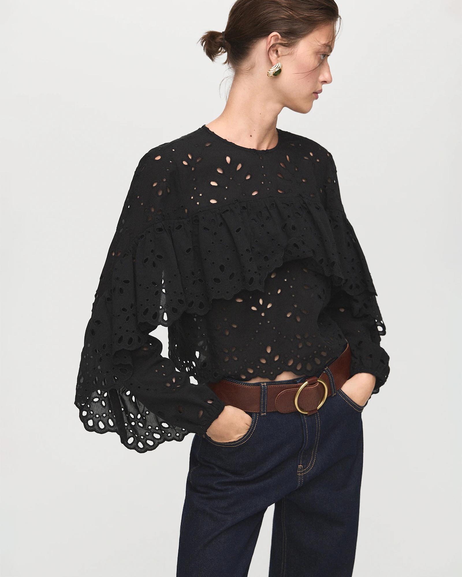 Blouse With Embroidered Eyelet Ruffles