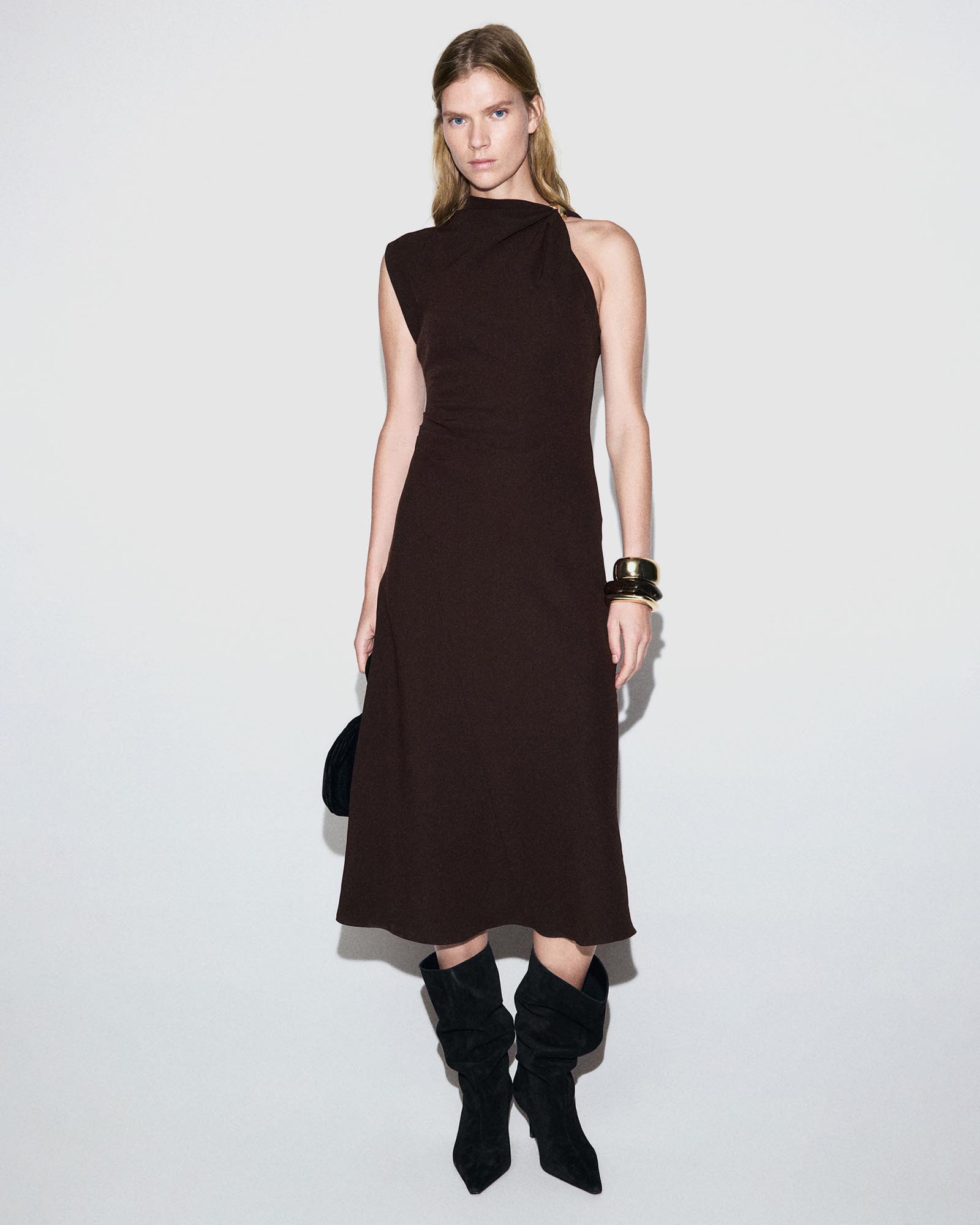 Dress With Asymmetrical Neck And Metallic Detail