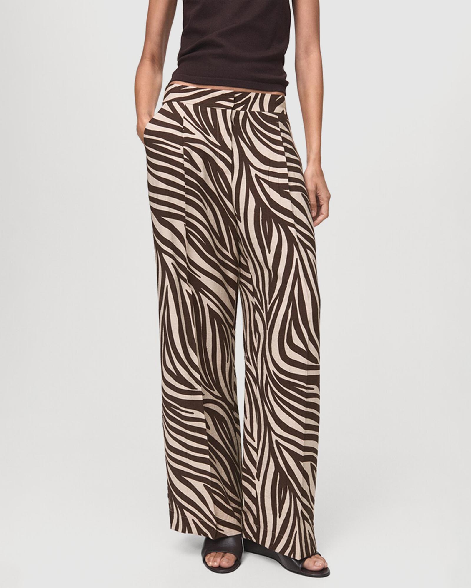 Straight-Leg Zebra-Print Pleated Trousers
