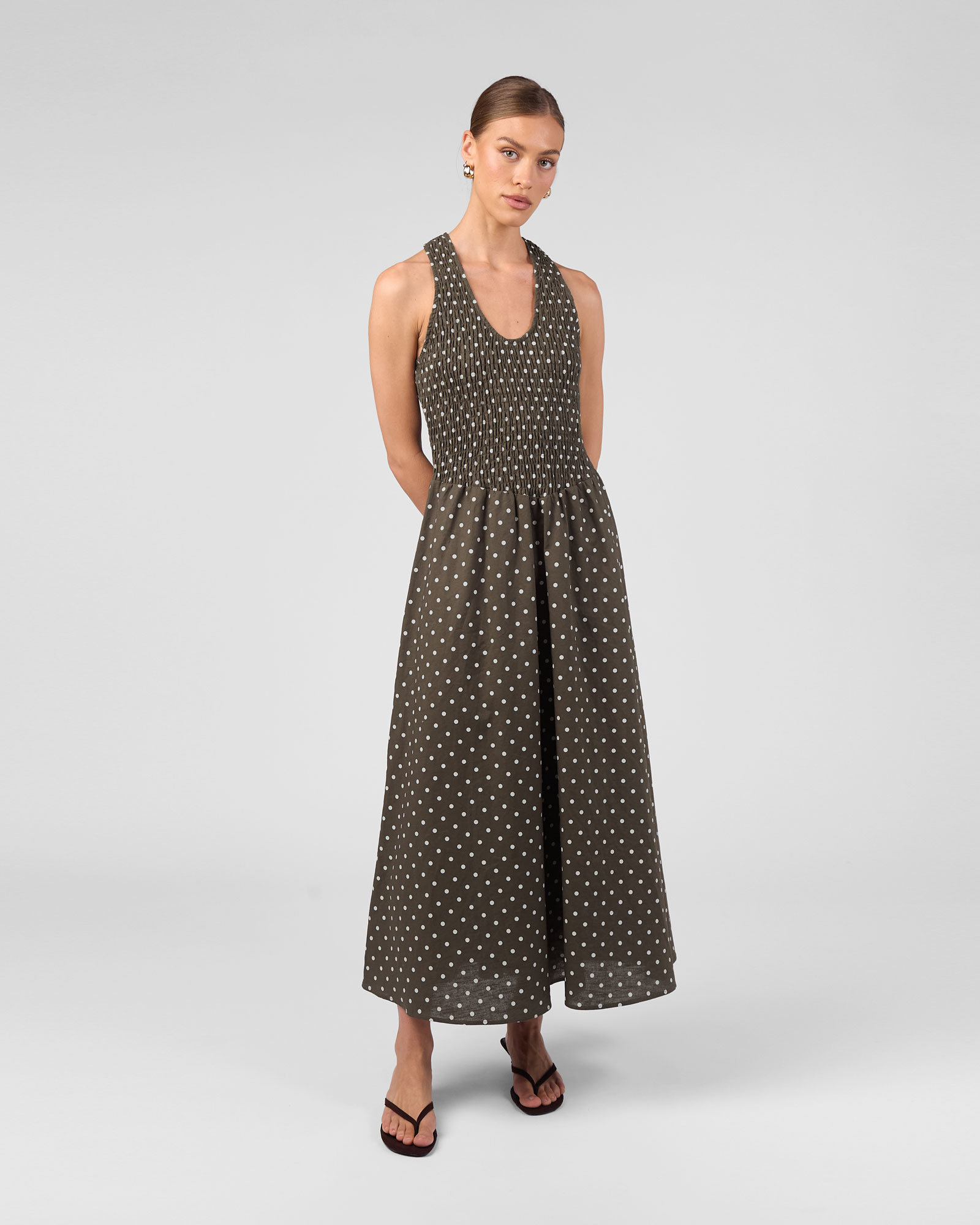Shirring Top Polka Dot Maxi Dress