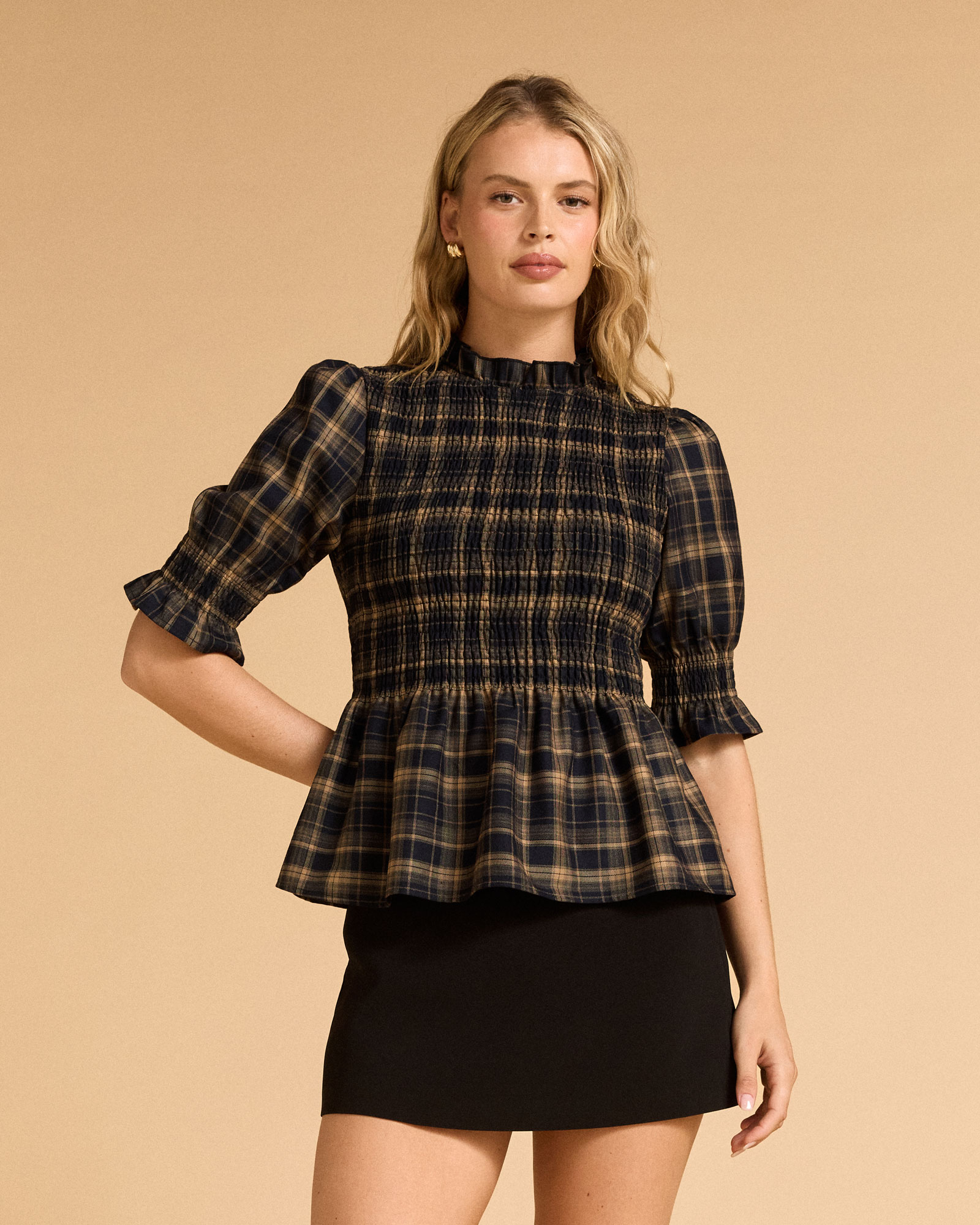 Plaid Shirring Short Sleeve Top