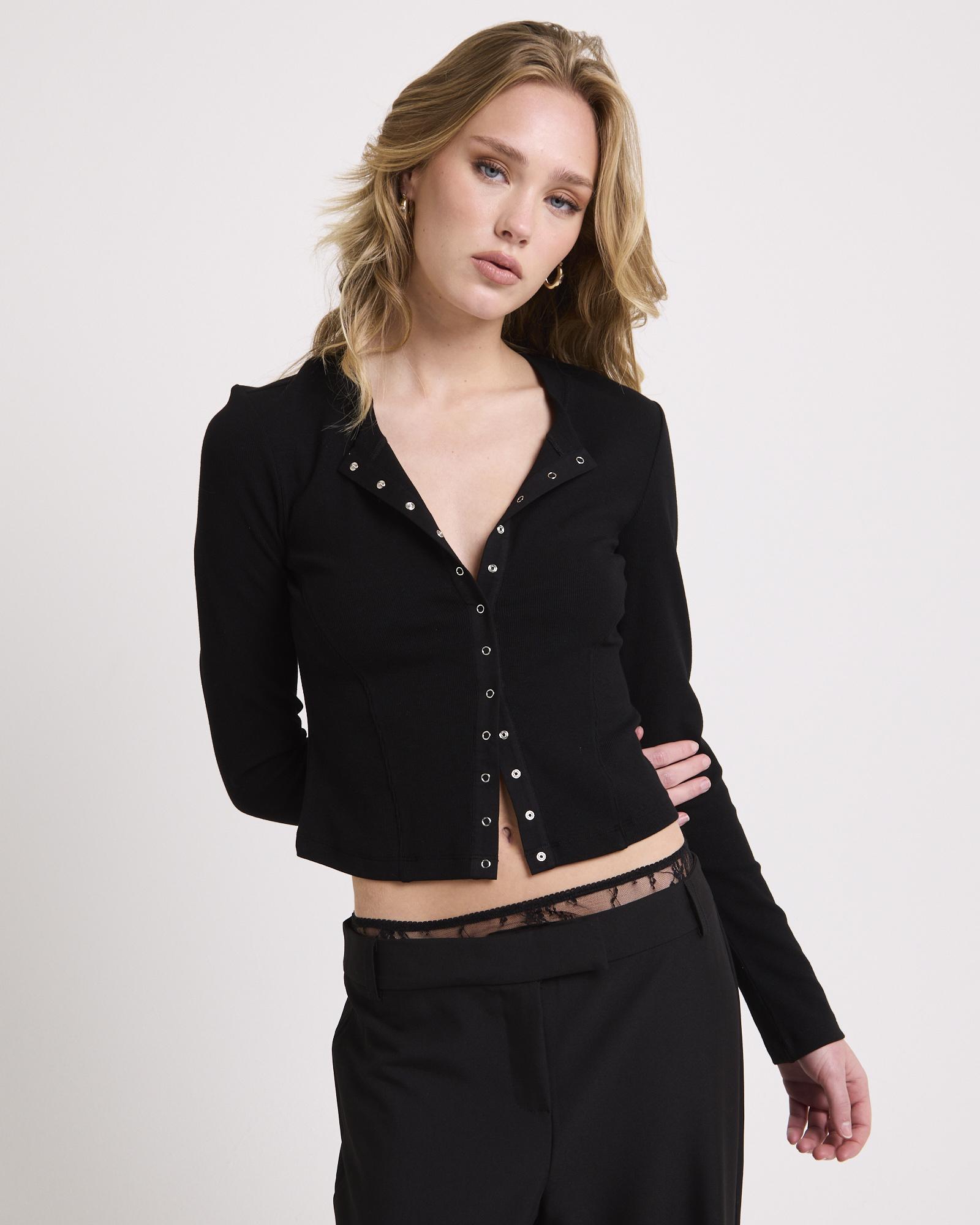 Rib Snap Front Long Sleeve Top