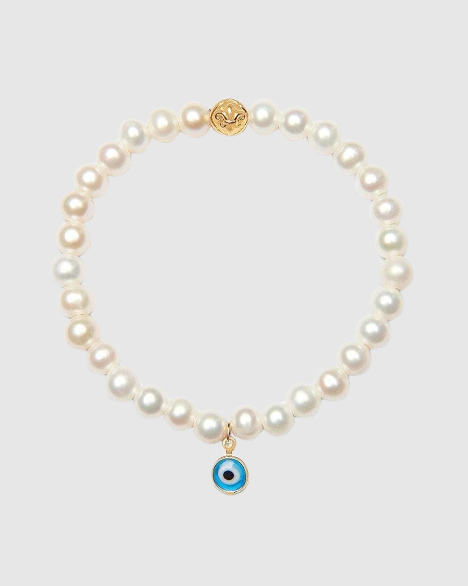 Wristband with White Pearls and Blue Evil Eye Charm