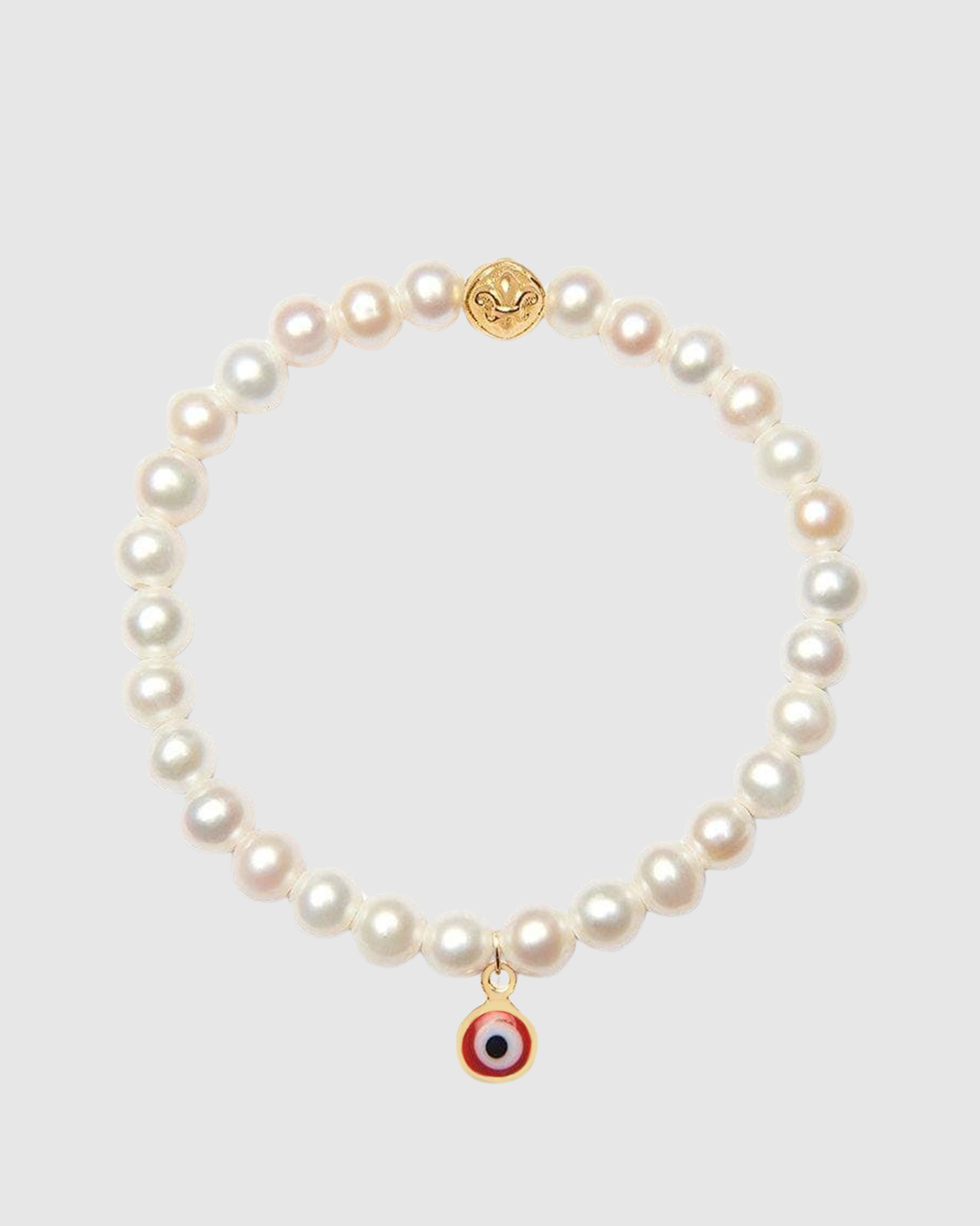 Wristband with White Pearls and Red Evil Eye Charm