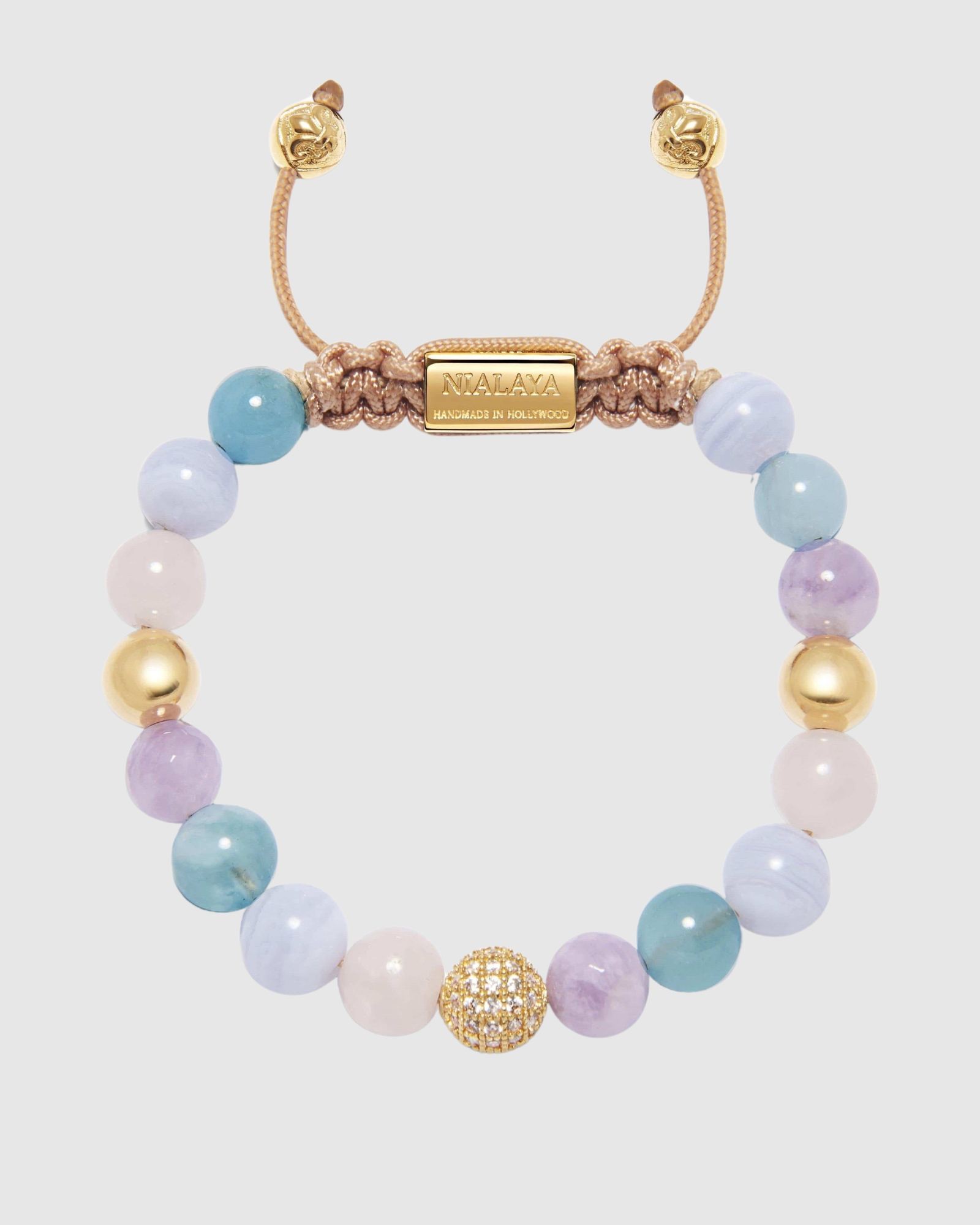 Women's Beaded Bracelet with Aquamarine, Blue Lace Agate, Rose Quartz, and Amethyst Lavender