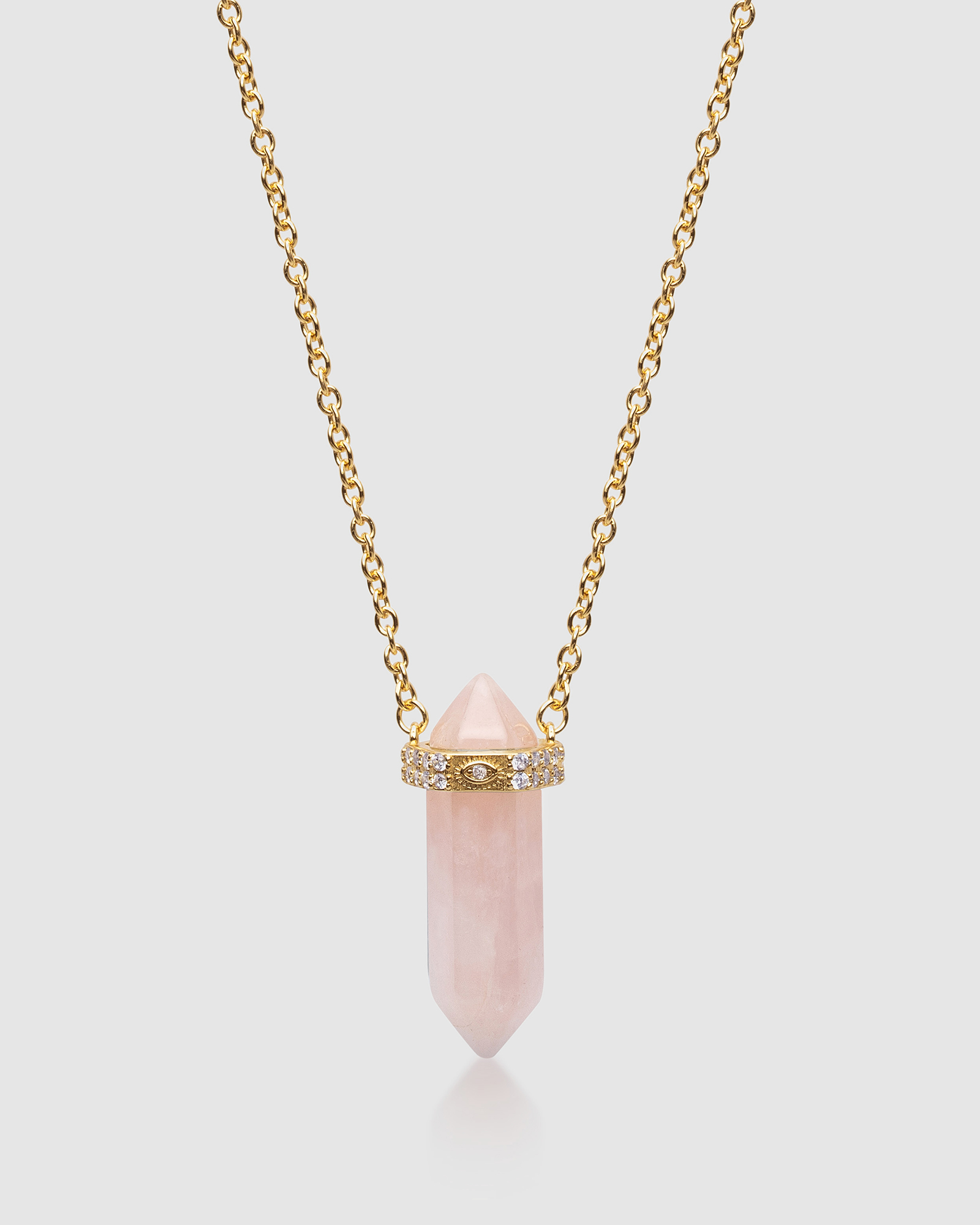 Rose Quartz Crystal Necklace with Engraved Evil Eye Detail