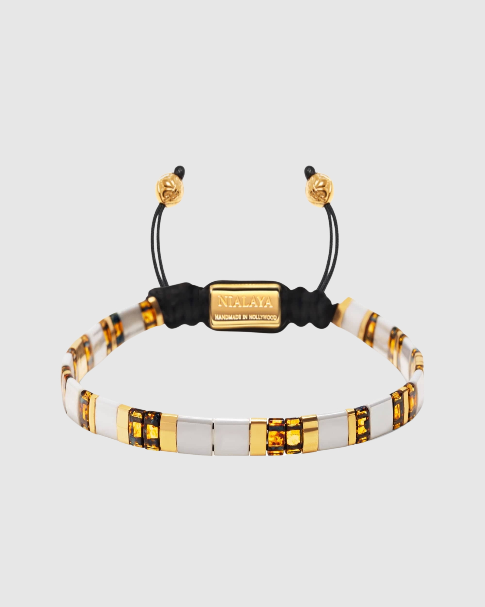 Women's Bracelet with White, Marbled Amber and Gold Miyuki Tila Beads