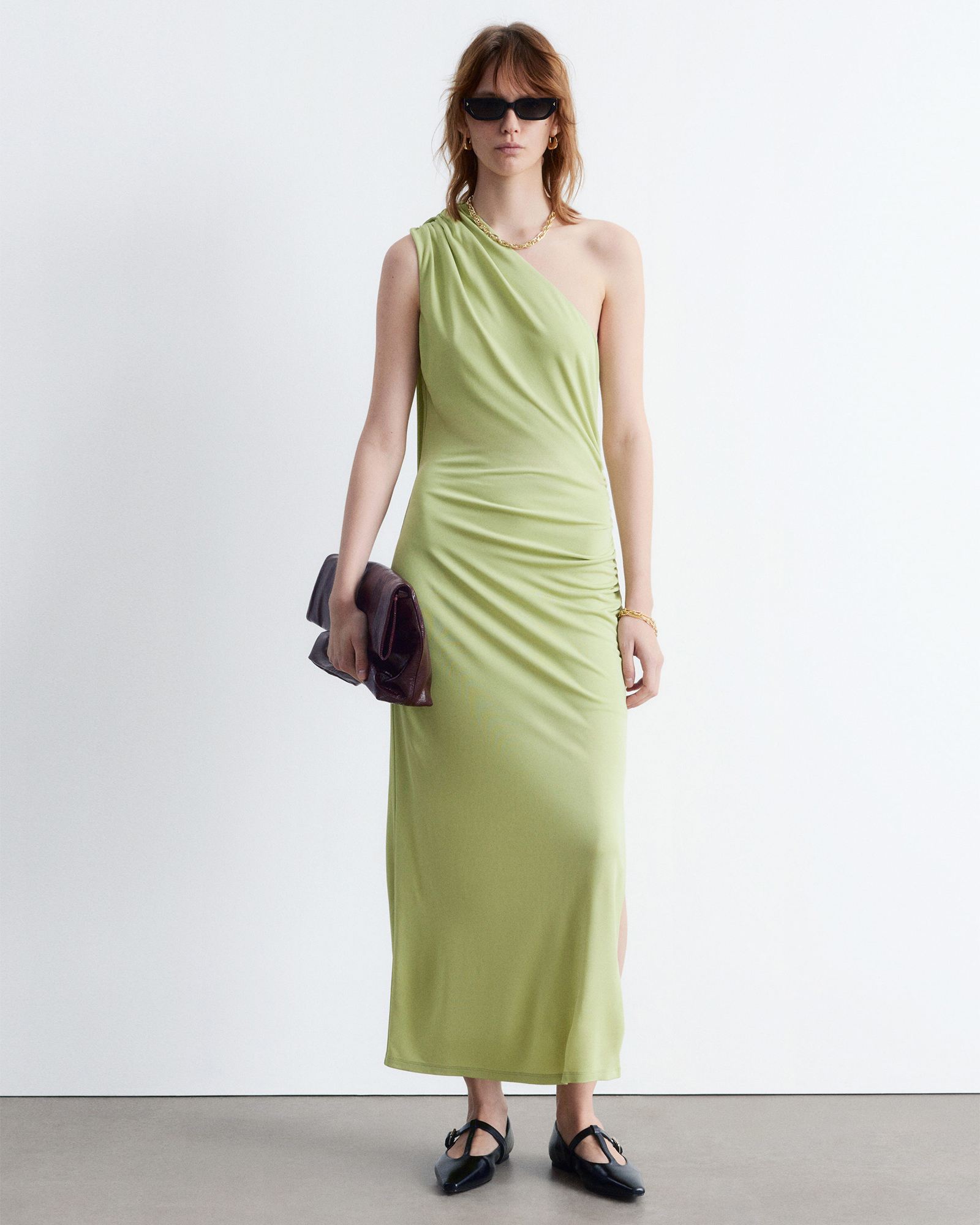 One-Shoulder Scarf-Detail Midi Dress