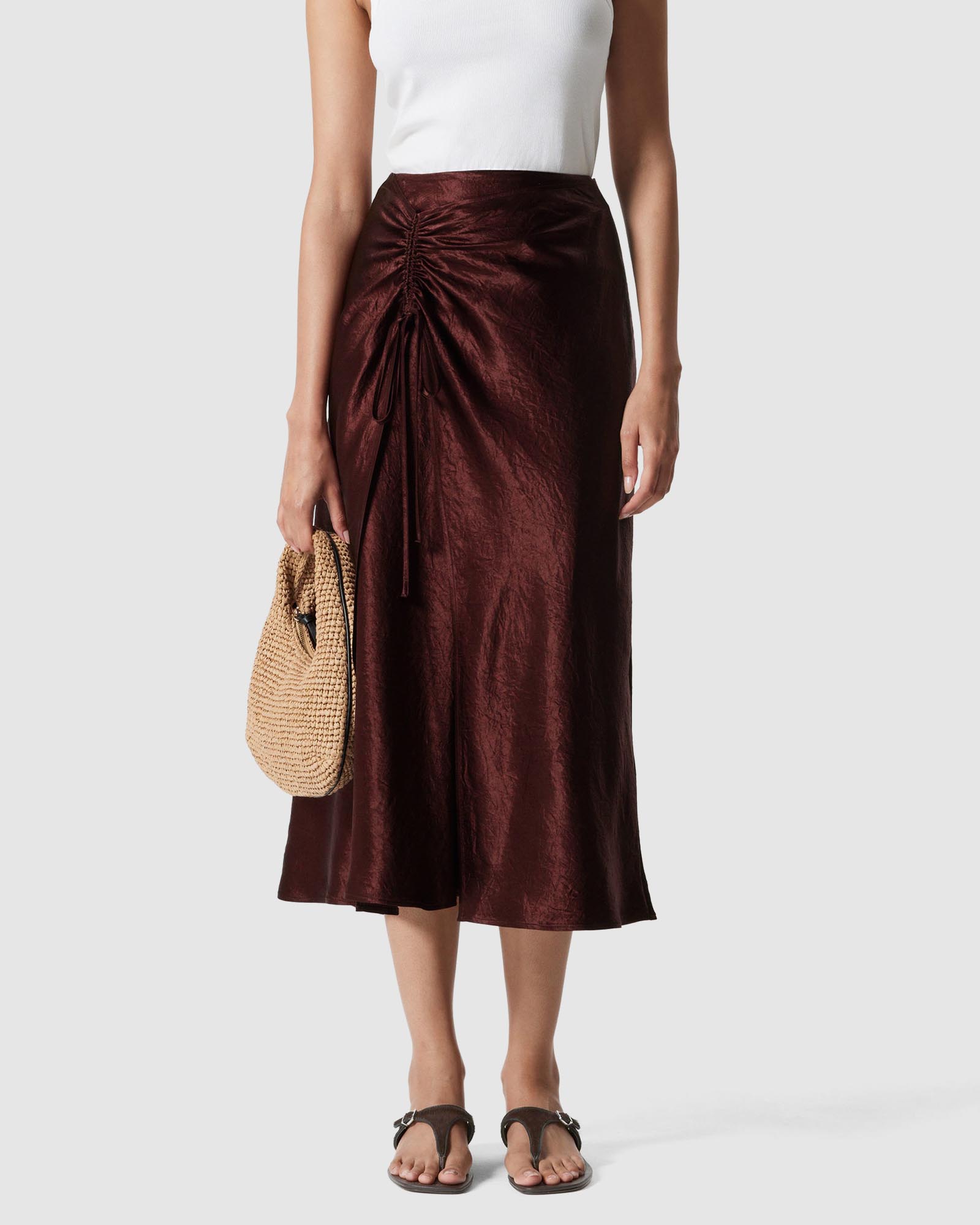 Drawstring Satin Midi Skirt
